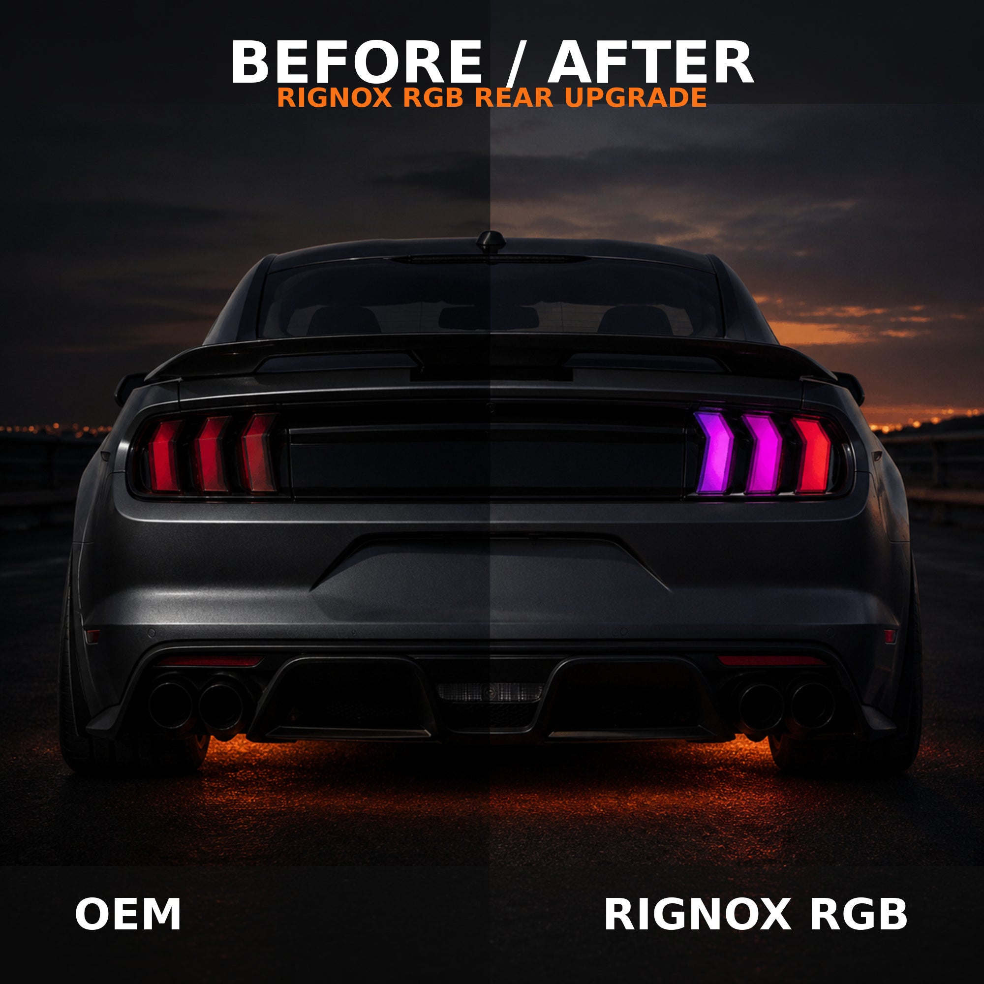 2015-2023 Ford Mustang S550 Sequential LED Tail Lights — smoked rgbsequential before after - T-MUS15-SRGB