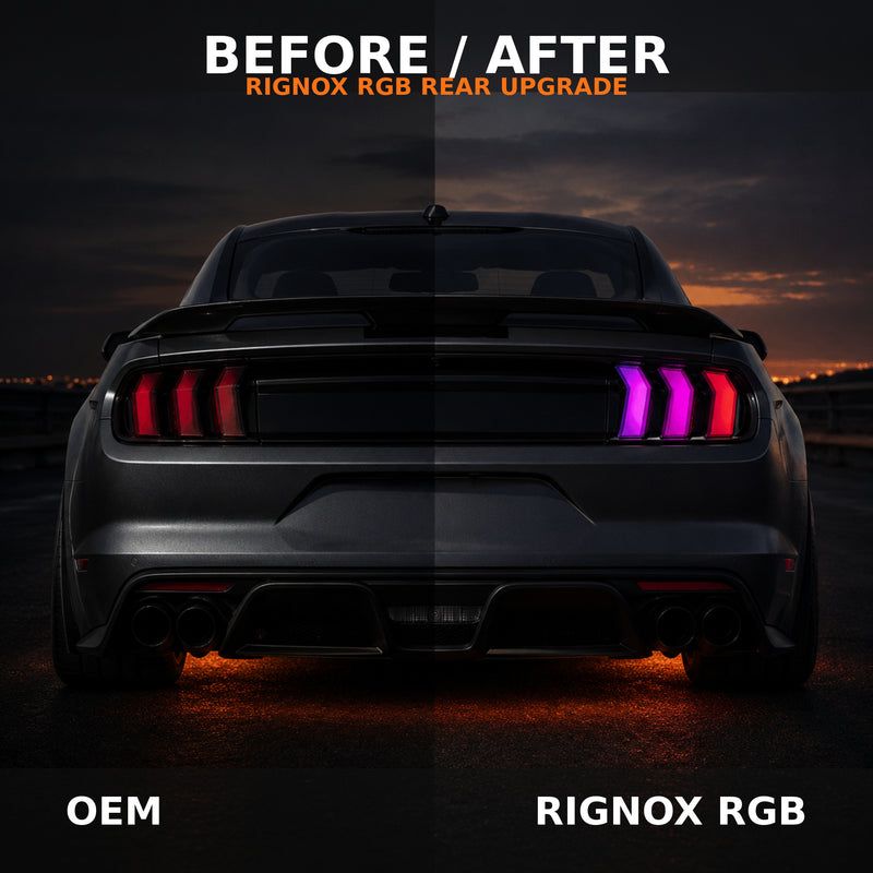2015-2023 Ford Mustang S550 Sequential LED Tail Lights — smoked rgbsequential before after - T-MUS15-SRGB