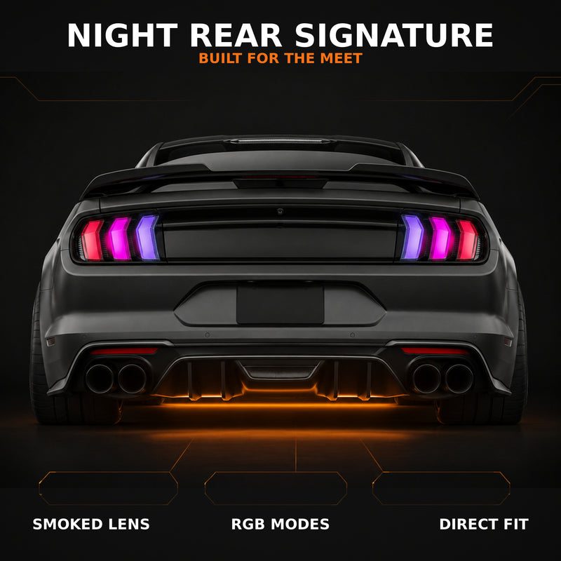 2015-2023 Ford Mustang S550 Sequential LED Tail Lights — smoked rgbsequential feature summary - T-MUS15-SRGB