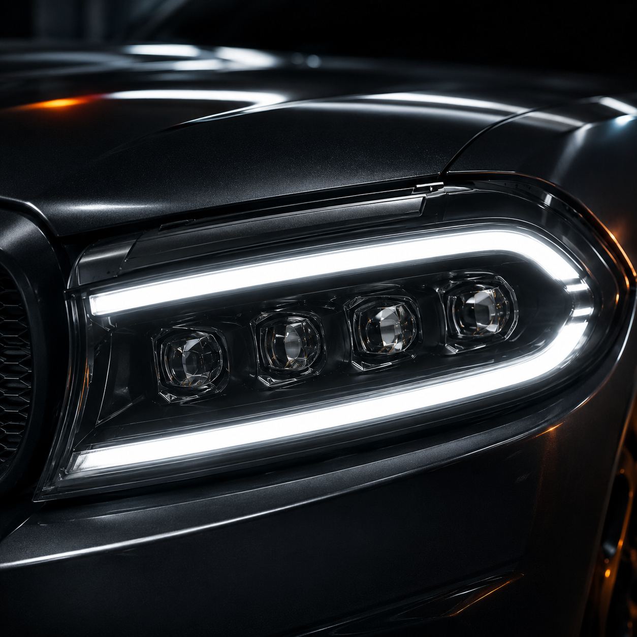 2015-2023 Dodge Charger LED Quad Projector Headlights — quad design white lens close up - H-CHA15-CW