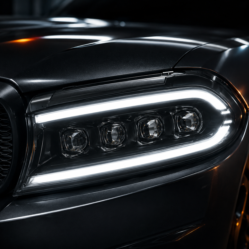 2015-2023 Dodge Charger LED Quad Projector Headlights — quad design white lens close up - H-CHA15-CW