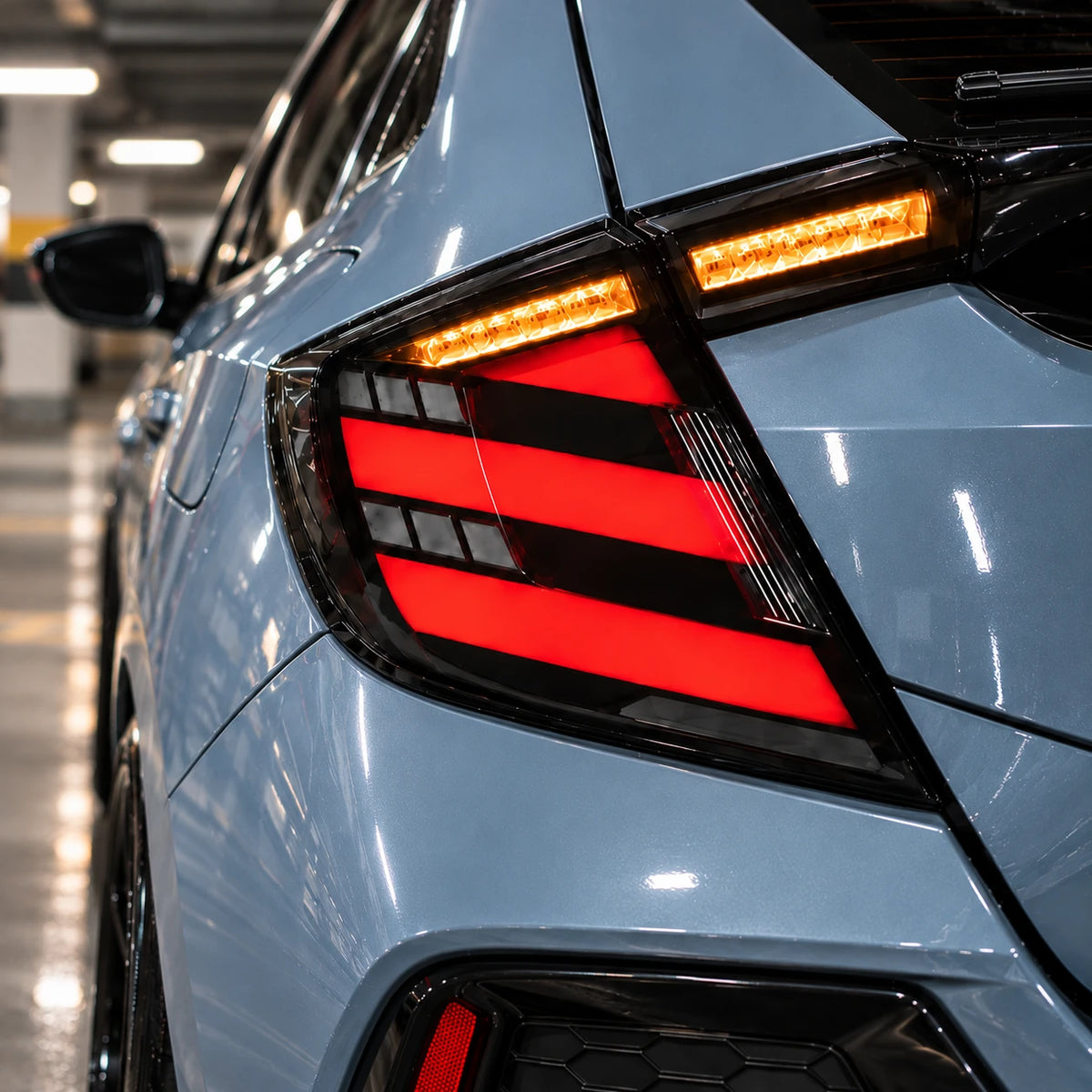 2016-2021 Honda Civic 10th Gen Hatchback / Type R Sequential LED Tail Lights — lights-on close-up — T-CIV10H-SR