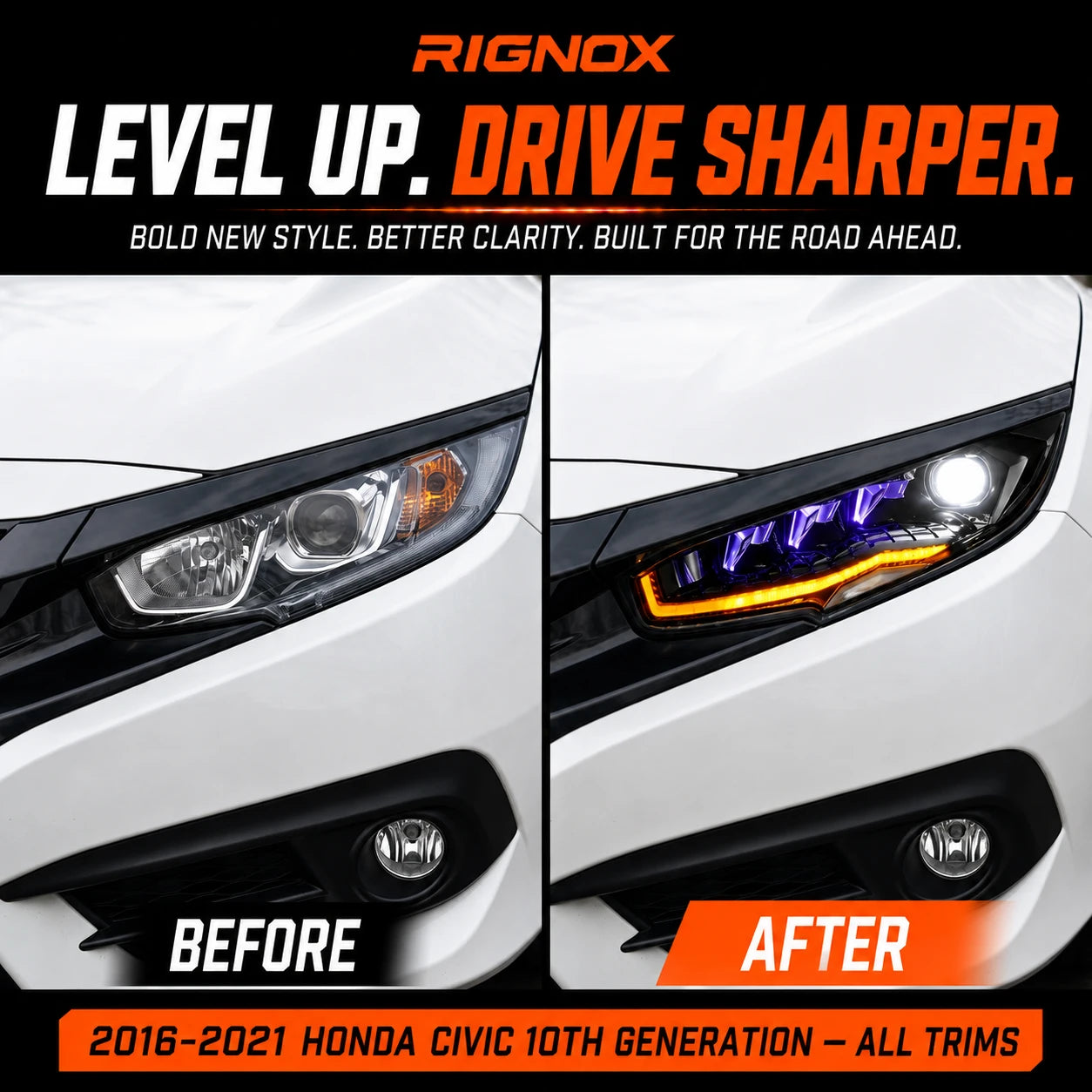 2016-2021 Honda Civic 10th Gen LED Projector Headlights — level-up comparison — H-CIV10-RP