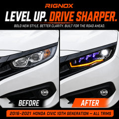 2016-2021 Honda Civic 10th Gen LED Projector Headlights — level-up comparison — H-CIV10-RP