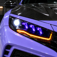 2016-2021 Honda Civic 10th Gen LED Projector Headlights — lights-on close-up — H-CIV10-RP