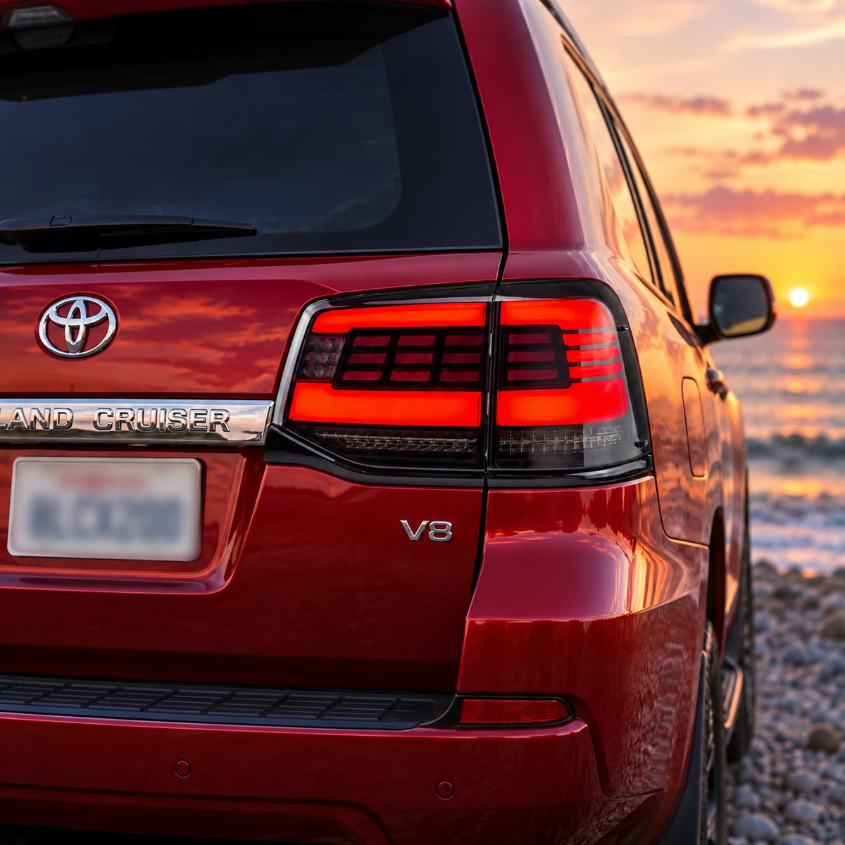 2016-2021 Toyota Land Cruiser 200 Sequential LED Tail Lights Assembly —  close-up look in sunset — T-LC200-16-SR