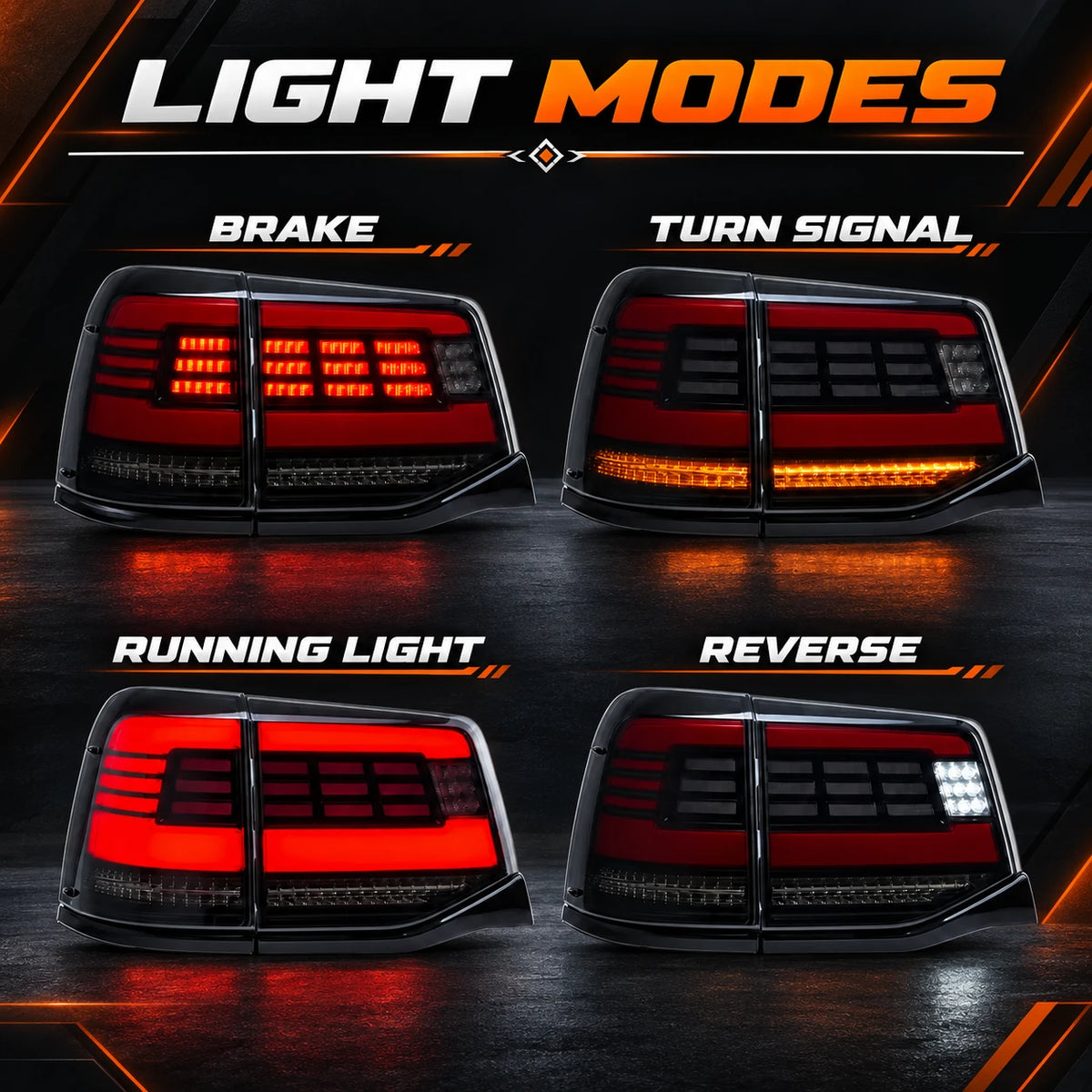 2016-2021 Toyota Land Cruiser 200 Sequential LED Tail Lights Assembly — light modes — T-LC200-16-SR