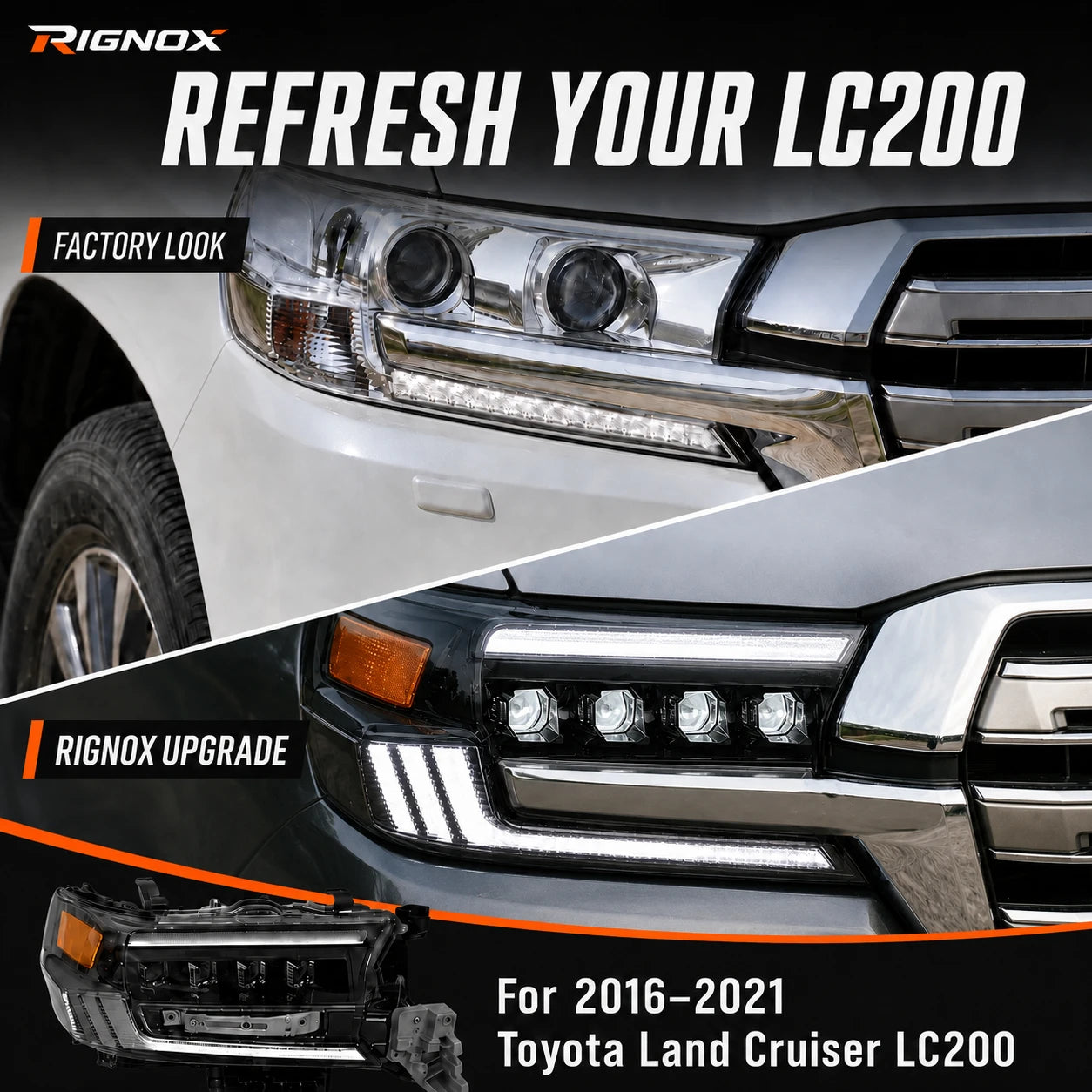 2016-2021 Toyota Land Cruiser 200 LED Quad Projector Headlights Assembly — before after comparison — H-LC200-16