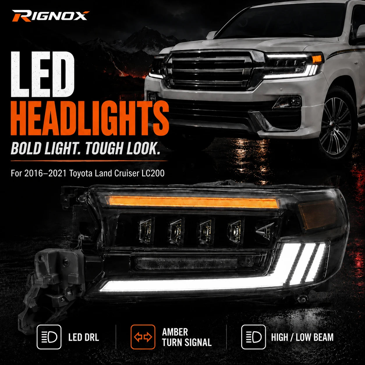 2016-2021 Toyota Land Cruiser 200 LED Quad Projector Headlights Assembly — light-on look — H-LC200-16