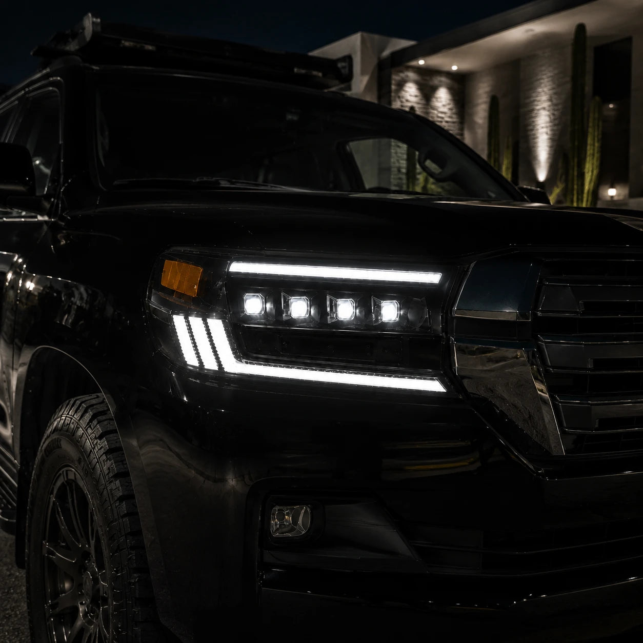 2016-2021 Toyota Land Cruiser 200 LED Quad Projector Headlights Assembly — lights-on details close-up — H-LC200-16