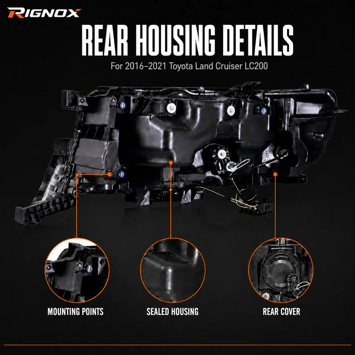 2016-2021 Toyota Land Cruiser 200 LED Quad Projector Headlights Assembly — rear housing details — H-LC200-16