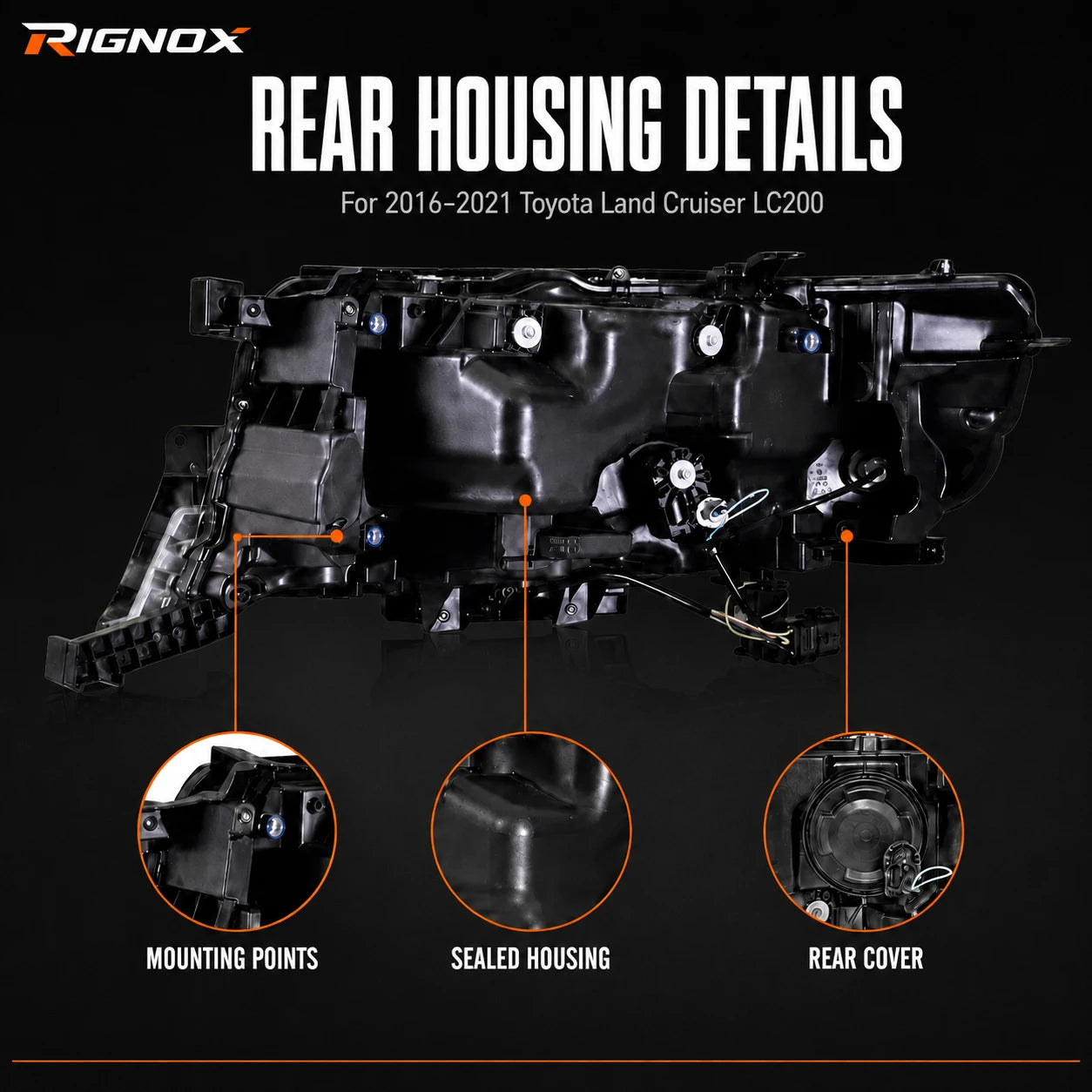 2016-2021 Toyota Land Cruiser 200 LED Quad Projector Headlights Assembly — rear housing details — H-LC200-16