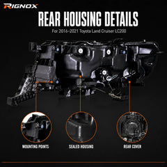2016-2021 Toyota Land Cruiser 200 LED Quad Projector Headlights Assembly — rear housing details — H-LC200-16