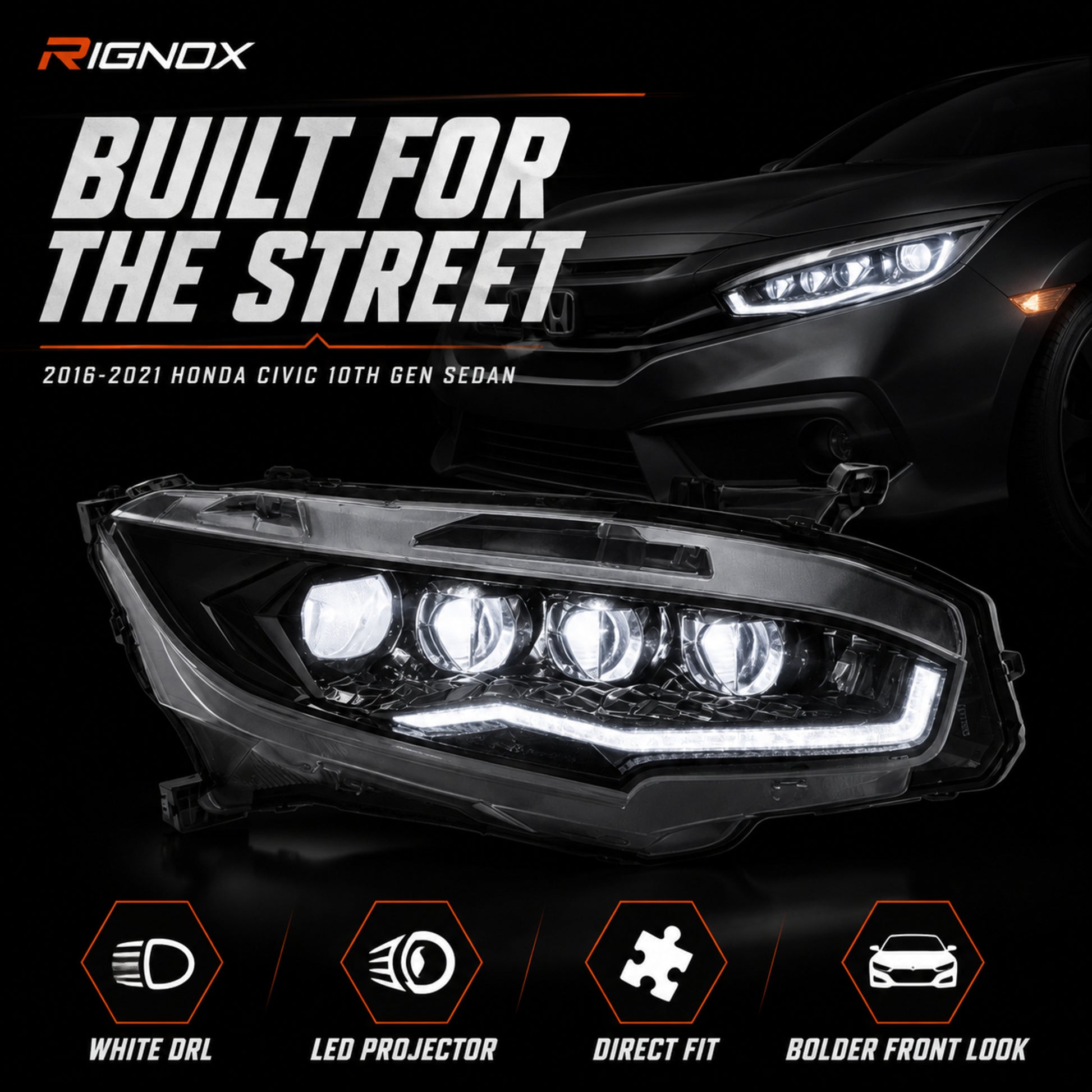 2016-2021 Honda Civic 10th Gen LED Projector Headlights — white feature summary - H-CIV10-CW