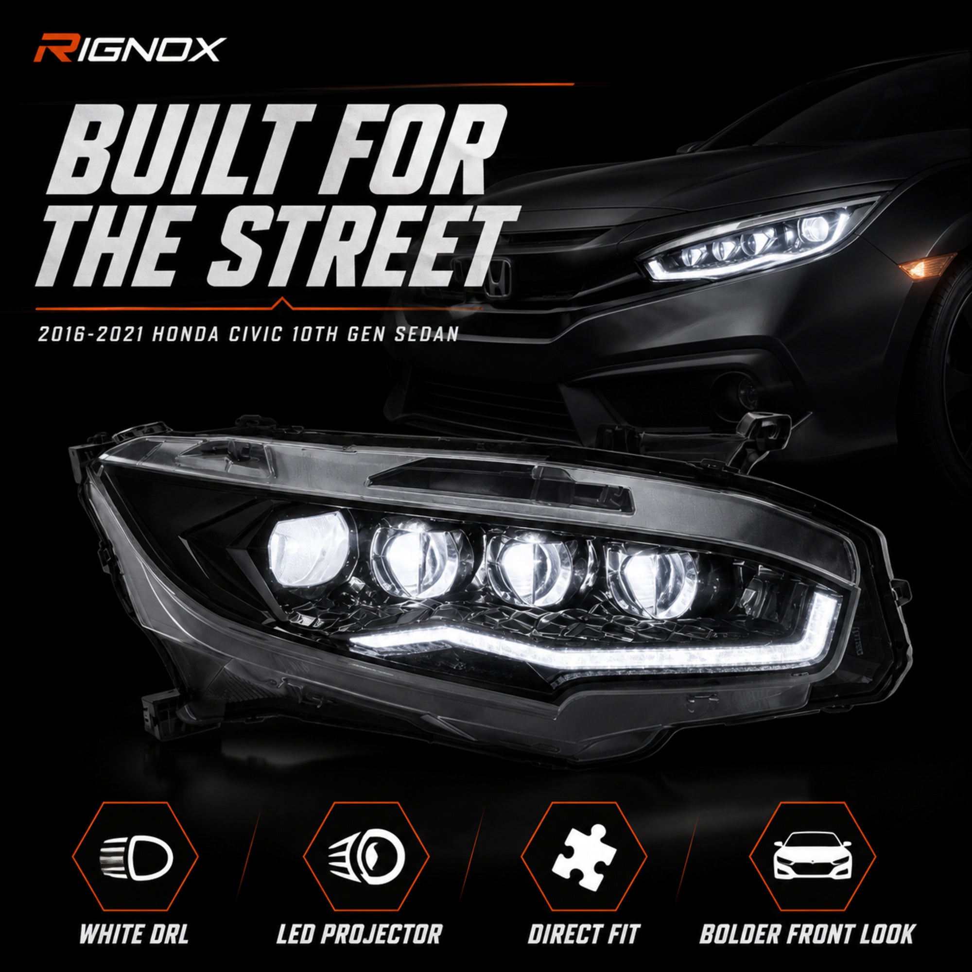 2016-2021 Honda Civic 10th Gen LED Projector Headlights — white feature summary - H-CIV10-CW