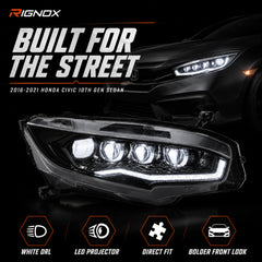 2016-2021 Honda Civic 10th Gen LED Projector Headlights — white feature summary - H-CIV10-CW