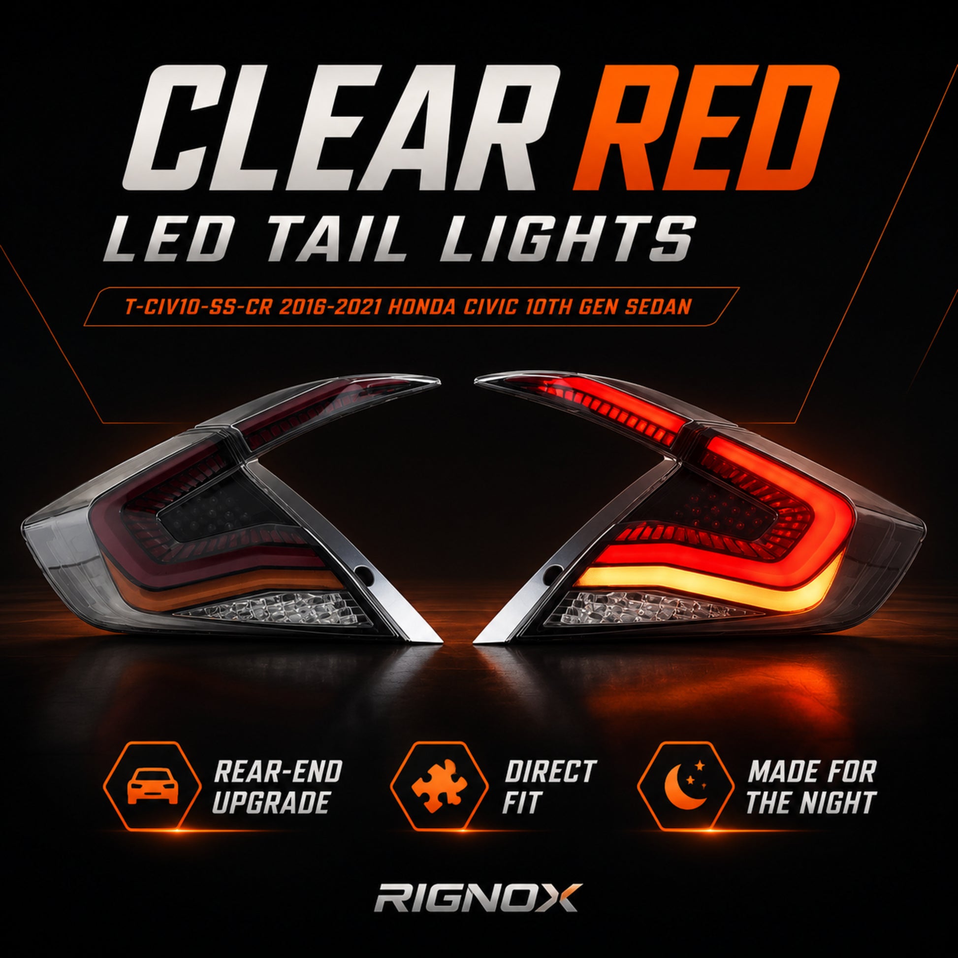 2016-2021 Honda Civic 10th Gen Sedan Sequential LED Tail Lights — clear red feature summary - T-CIV10-SS-CR