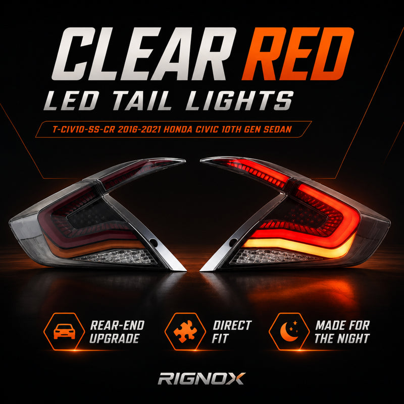 2016-2021 Honda Civic 10th Gen Sedan Sequential LED Tail Lights — clear red feature summary - T-CIV10-SS-CR