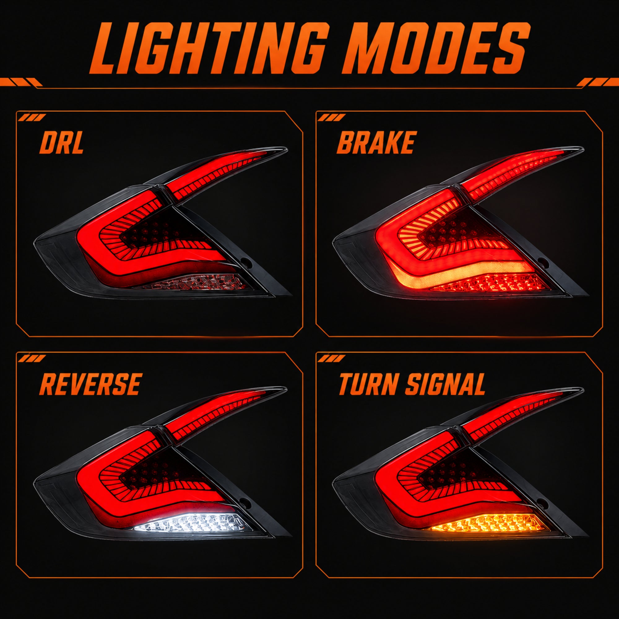 2016-2021 Honda Civic 10th Gen Sedan Sequential LED Tail Lights — clear red function modes - T-CIV10-SS-CR