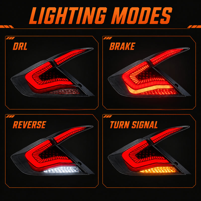 2016-2021 Honda Civic 10th Gen Sedan Sequential LED Tail Lights — clear red function modes - T-CIV10-SS-CR