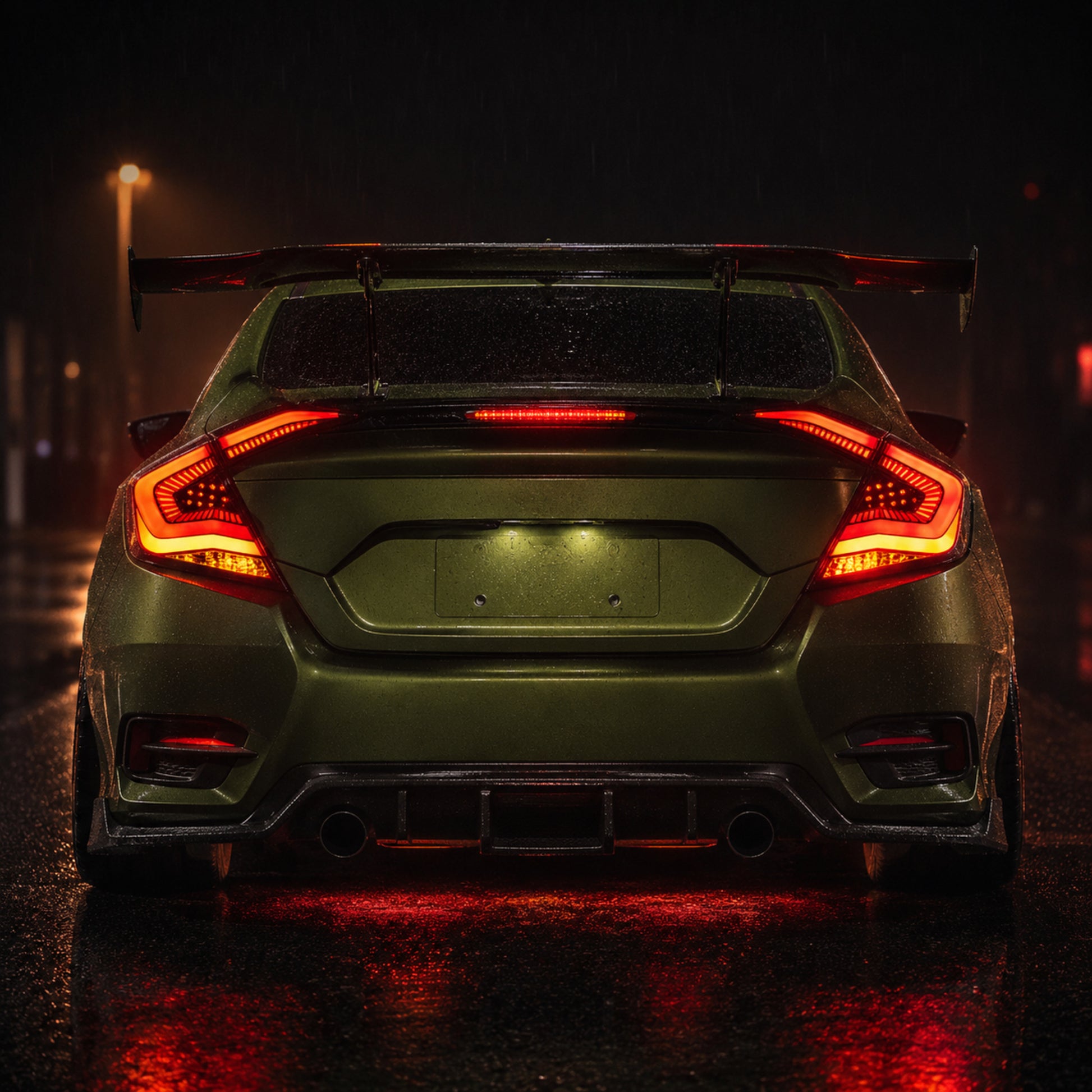 2016-2021 Honda Civic 10th Gen Sedan Sequential LED Tail Lights — clear red night rear view - T-CIV10-SS-CR