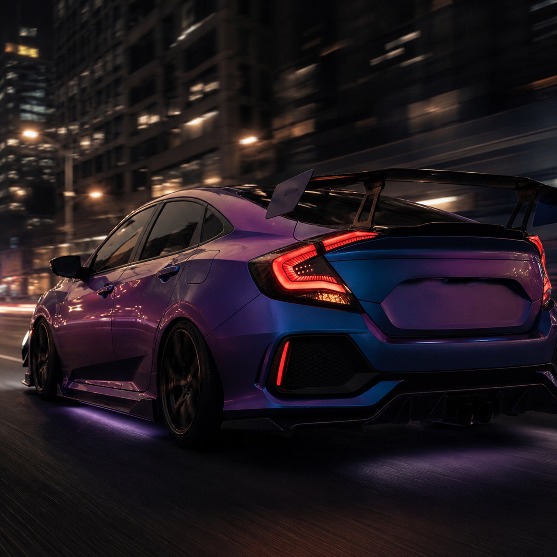2016-2021 Honda Civic 10th Gen Sedan Sequential LED Tail Lights — clear red rolling night shot - T-CIV10-SS-CR