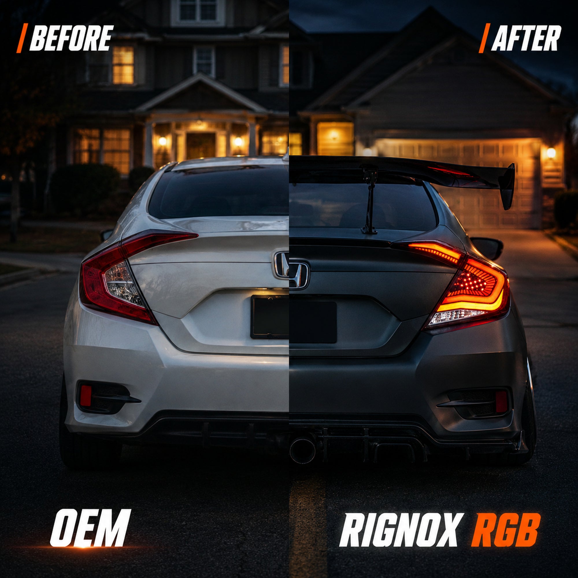 2016-2021 Honda Civic 10th Gen Sedan Sequential LED Tail Lights — ledrgb before after upgrade - T-CIV10-SS-SR