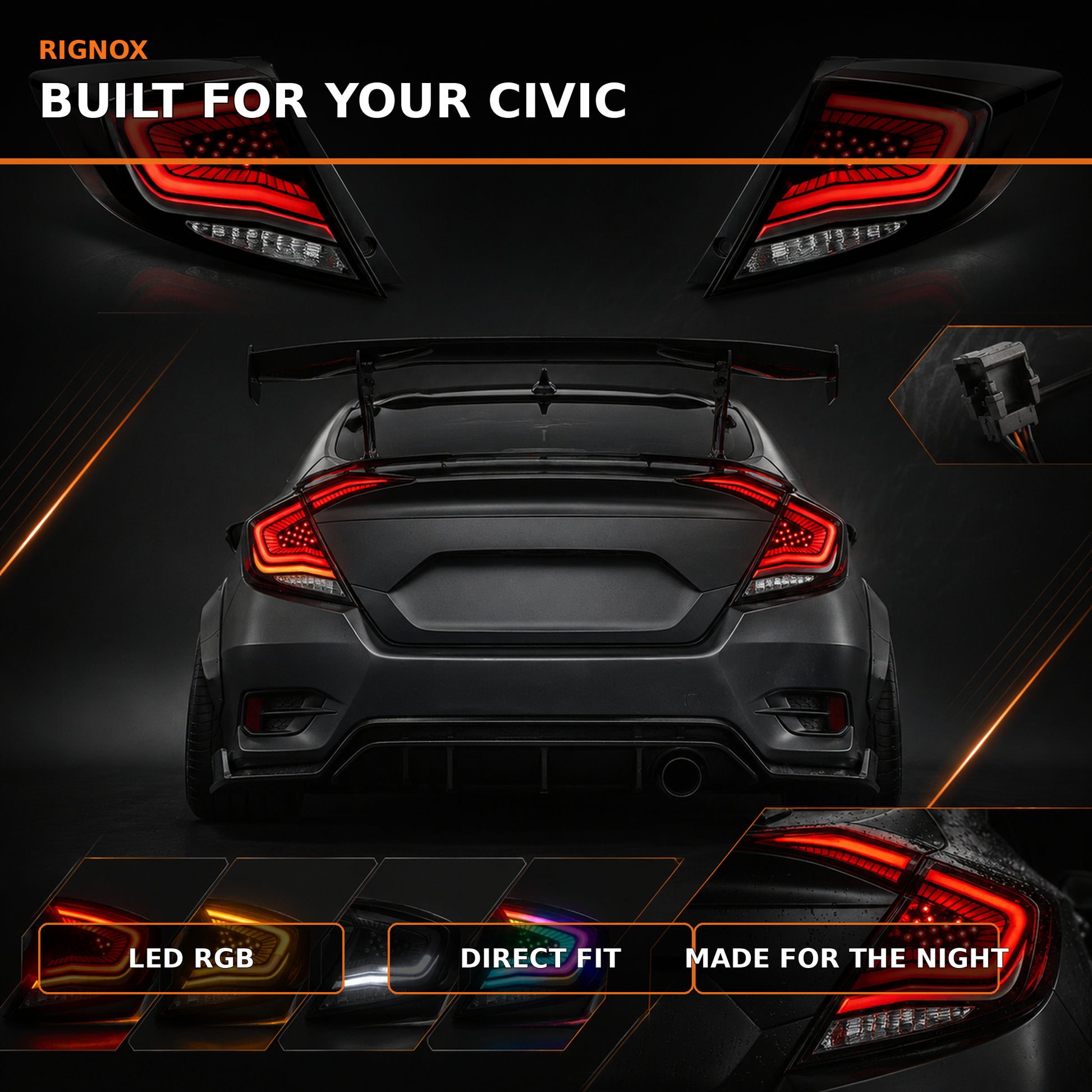 2016-2021 Honda Civic 10th Gen Sedan Sequential LED Tail Lights — ledrgb feature summary - T-CIV10-SS-SR