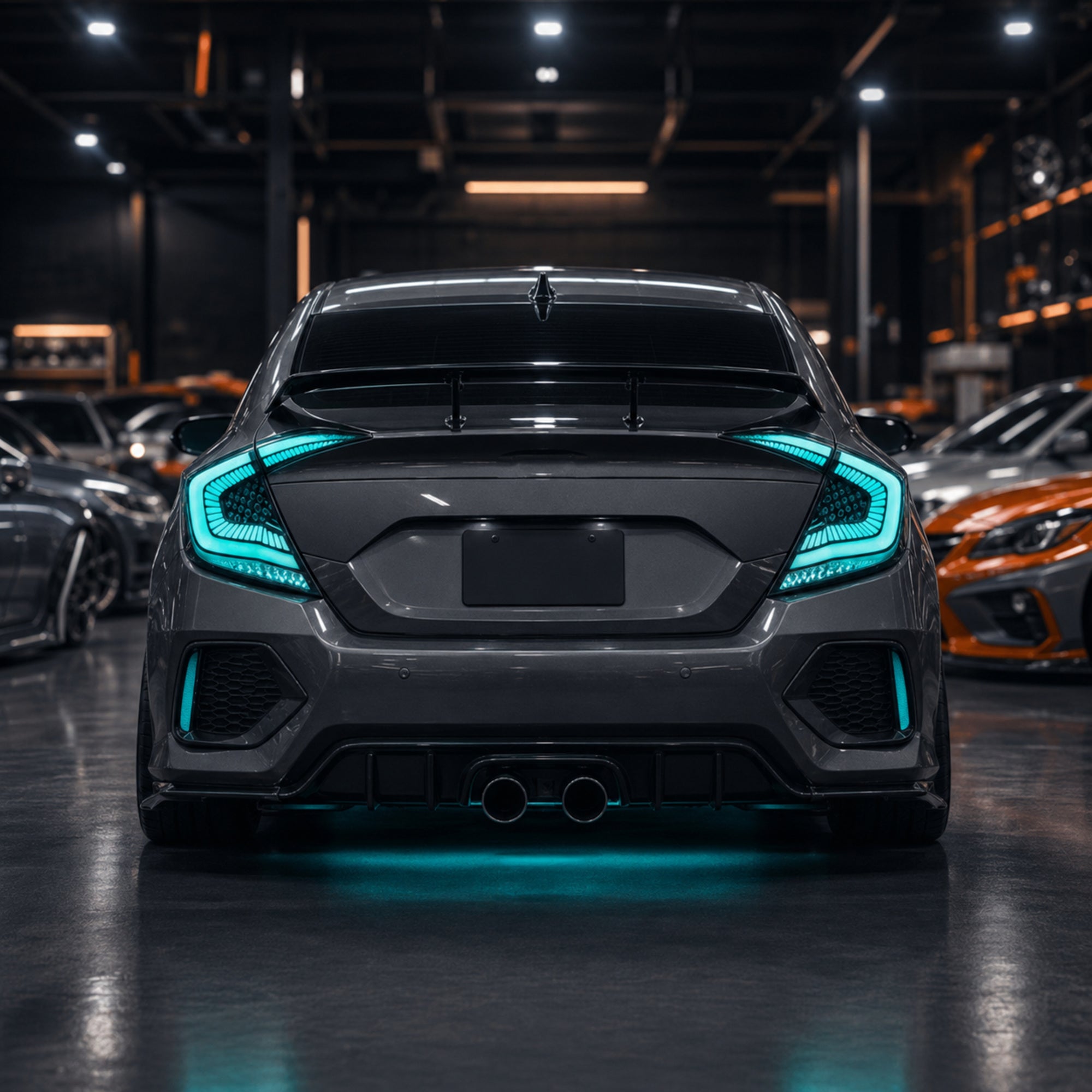 2016-2021 Honda Civic 10th Gen Sedan Sequential LED Tail Lights — RGB cyan scene - T-CIV10-SS-SRGB