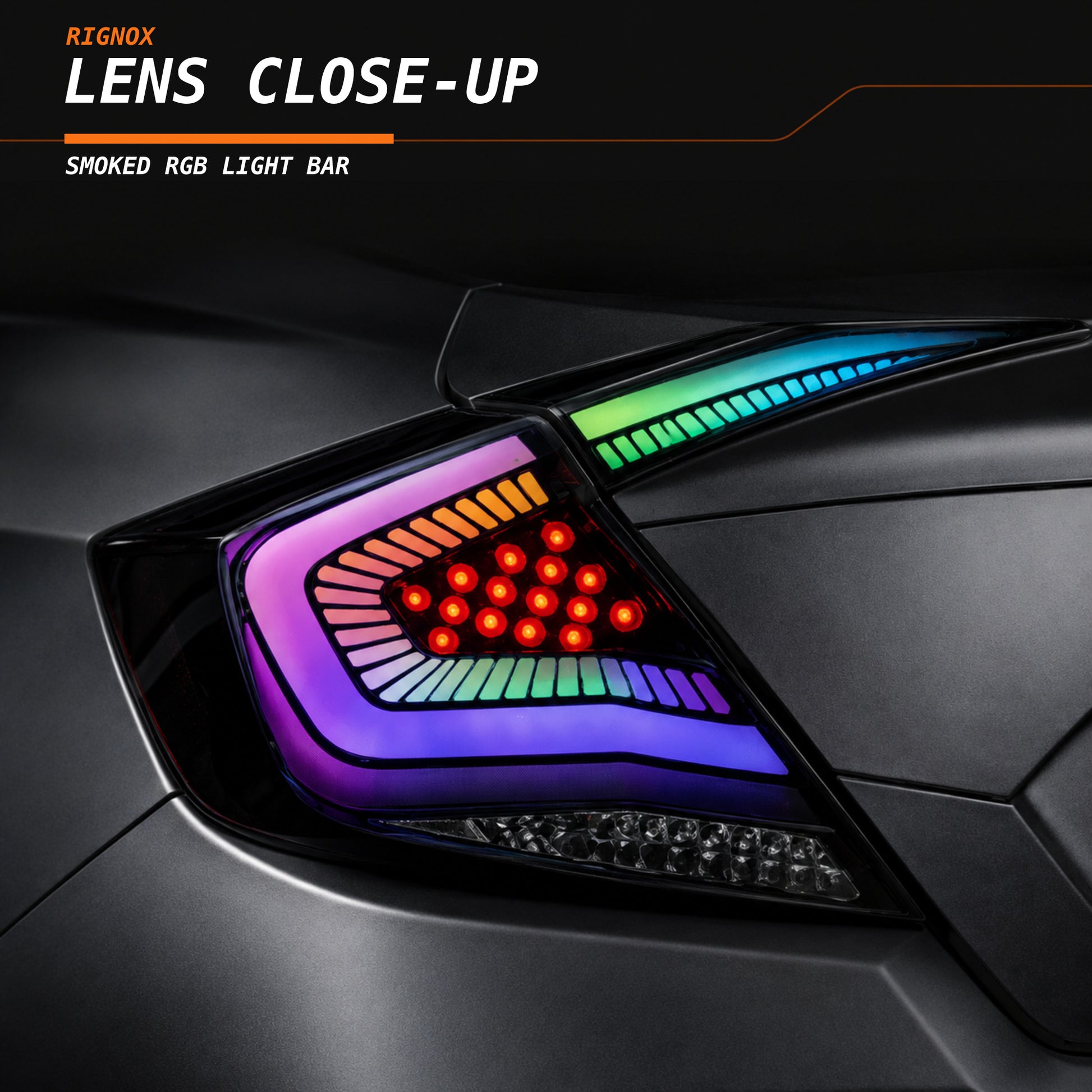 2016-2021 Honda Civic 10th Gen Sedan Sequential LED Tail Lights — RGB lens close up - T-CIV10-SS-SRGB