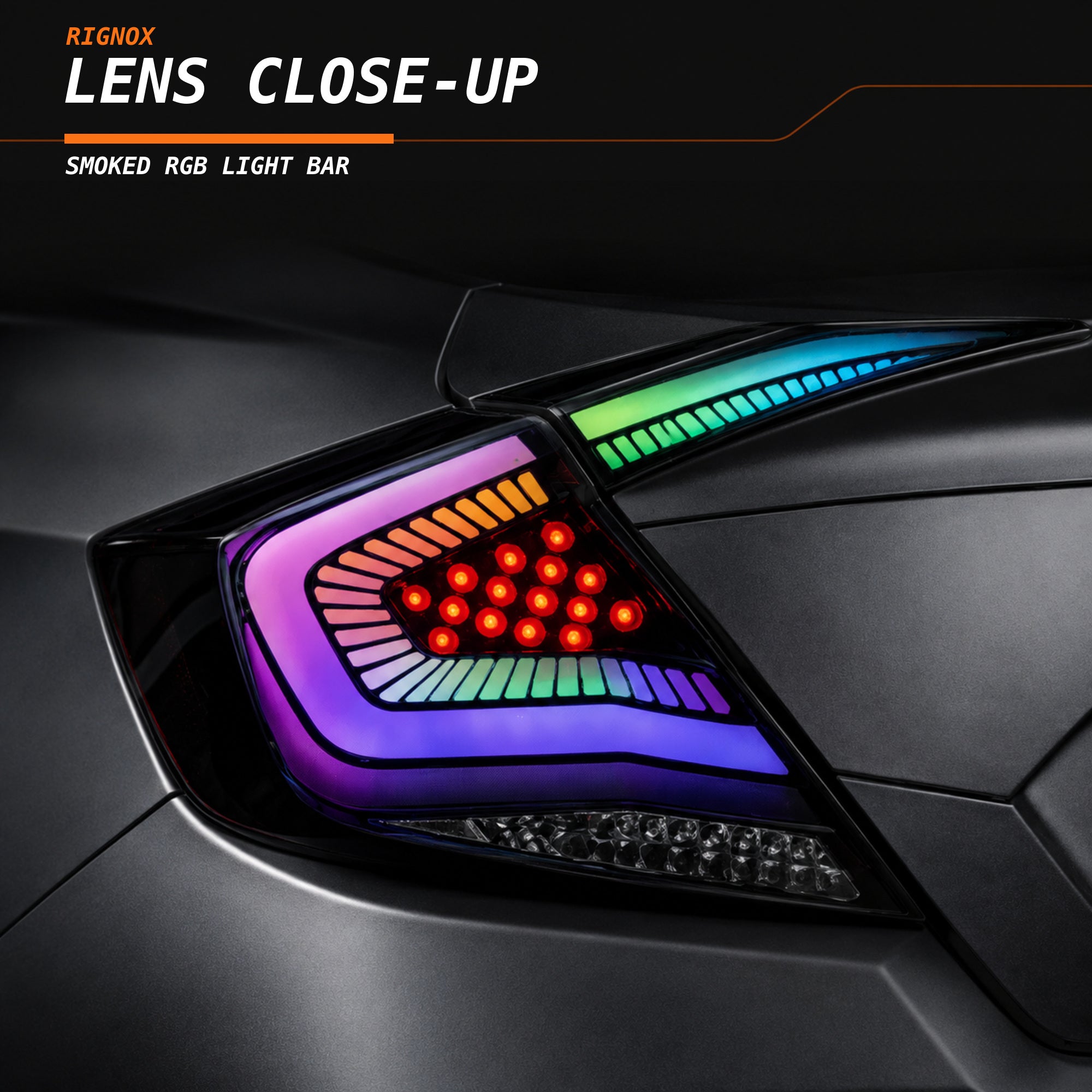 2016-2021 Honda Civic 10th Gen Sedan Sequential LED Tail Lights — RGB lens close up - T-CIV10-SS-SRGB