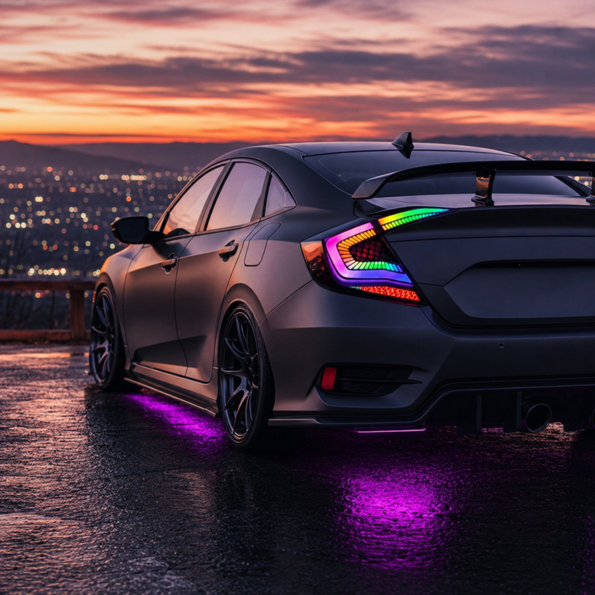 2016-2021 Honda Civic 10th Gen Sedan Sequential LED Tail Lights — RGB sunset rainbow scene - T-CIV10-SS-SRGB