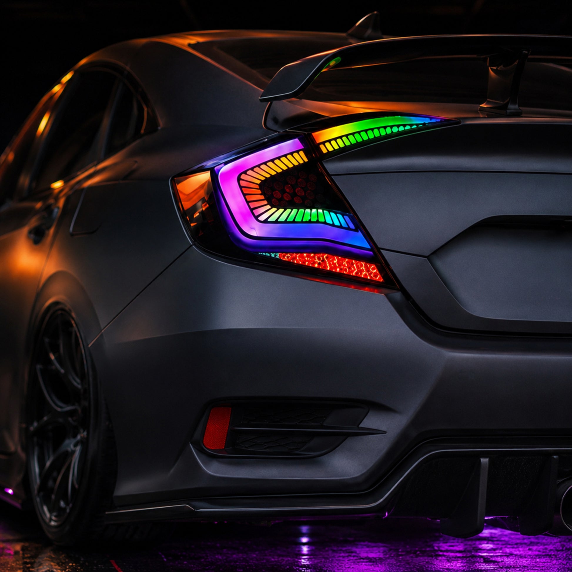 2016-2021 Honda Civic 10th Gen Sedan Sequential LED Tail Lights — sequential LED close up scene02 - T-CIV10-SS-SRGB