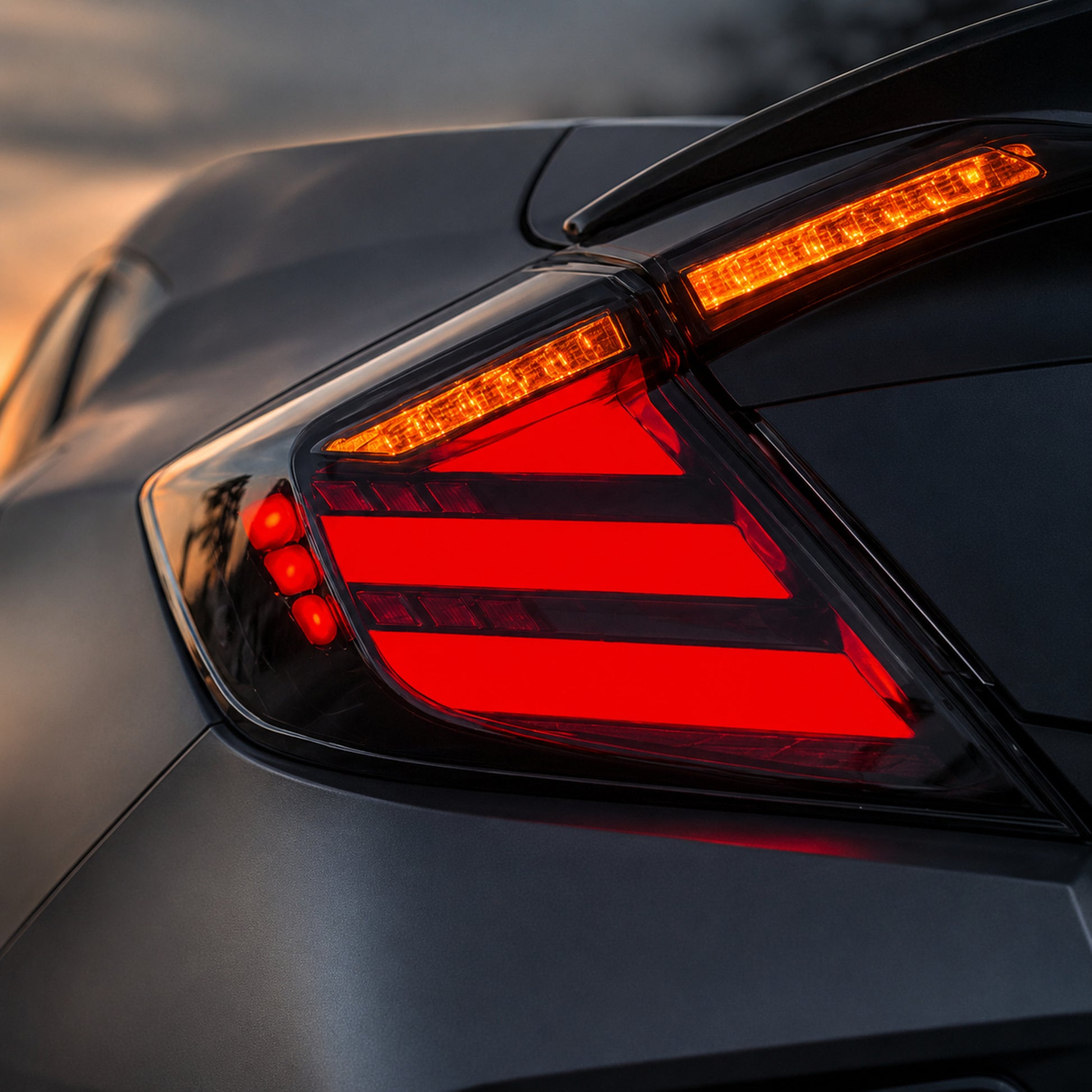 2016-2021 Honda Civic 10th Gen Sedan Sequential LED Tail Lights — smoked white close up detail - T-CIV10-HL-SW