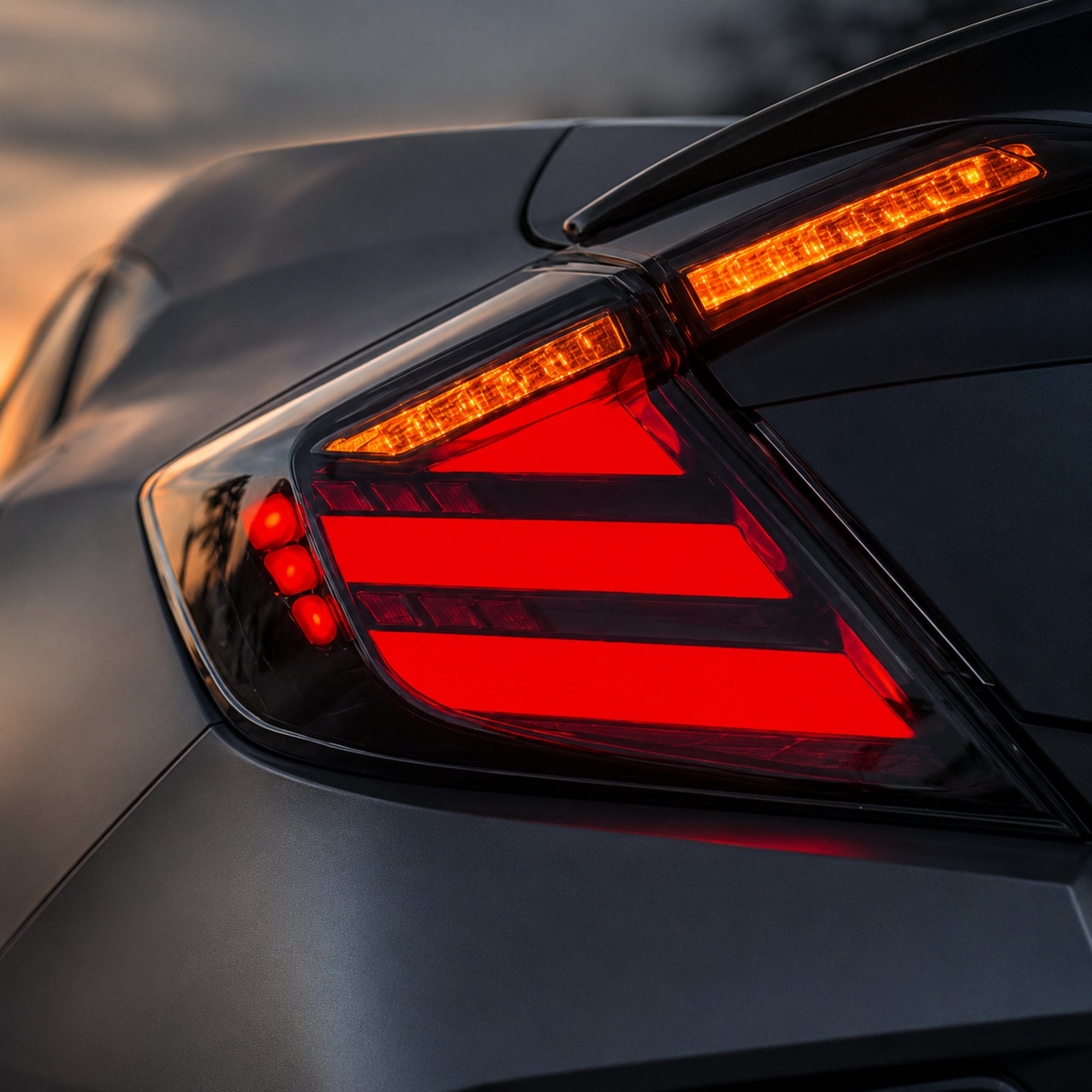 2016-2021 Honda Civic 10th Gen Sedan Sequential LED Tail Lights — smoked white close up detail - T-CIV10-HL-SW