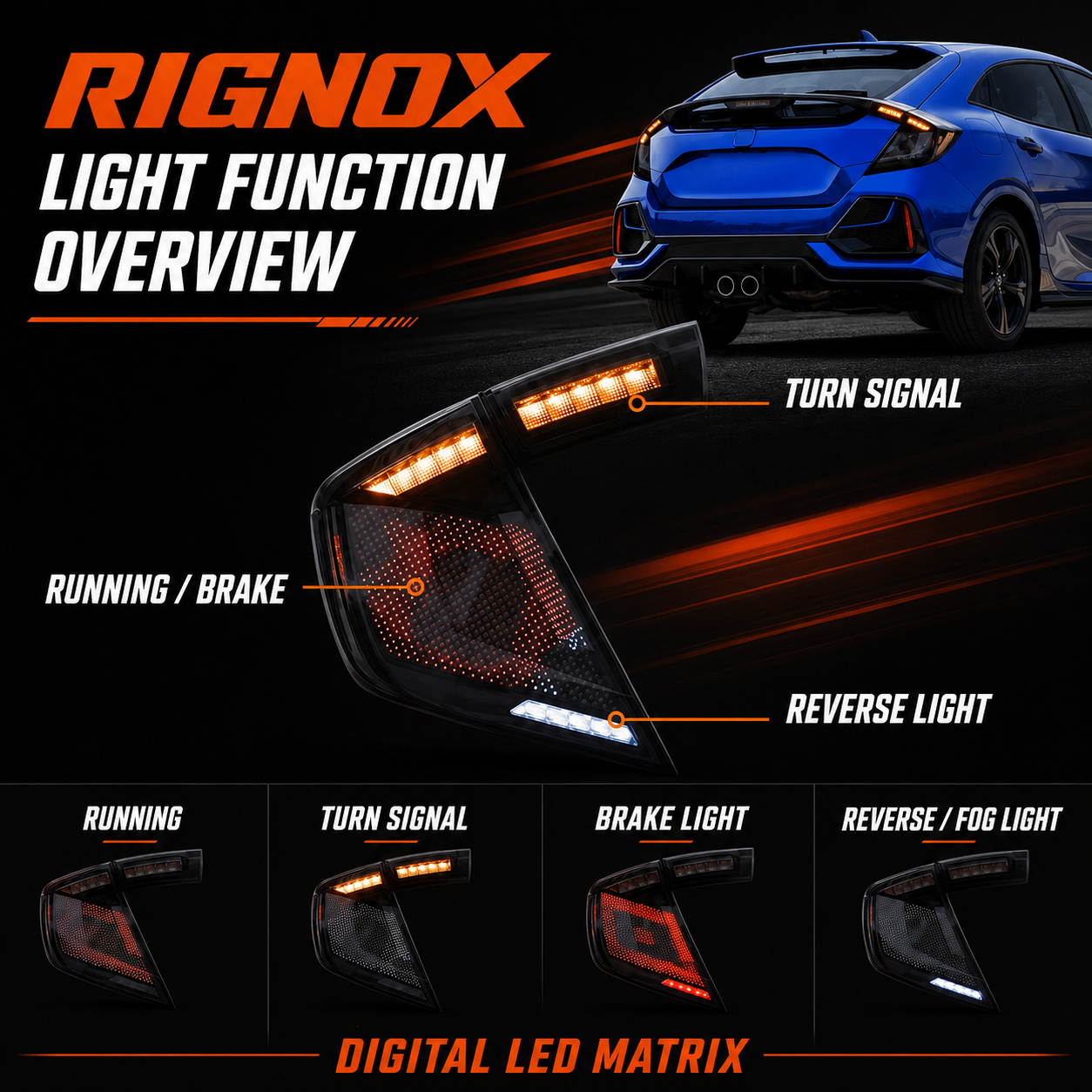 2016-2021 Honda Civic 10th Gen Hatchback LED Tail Lights | Smoke Red / RGB / Digital, Sequential-39