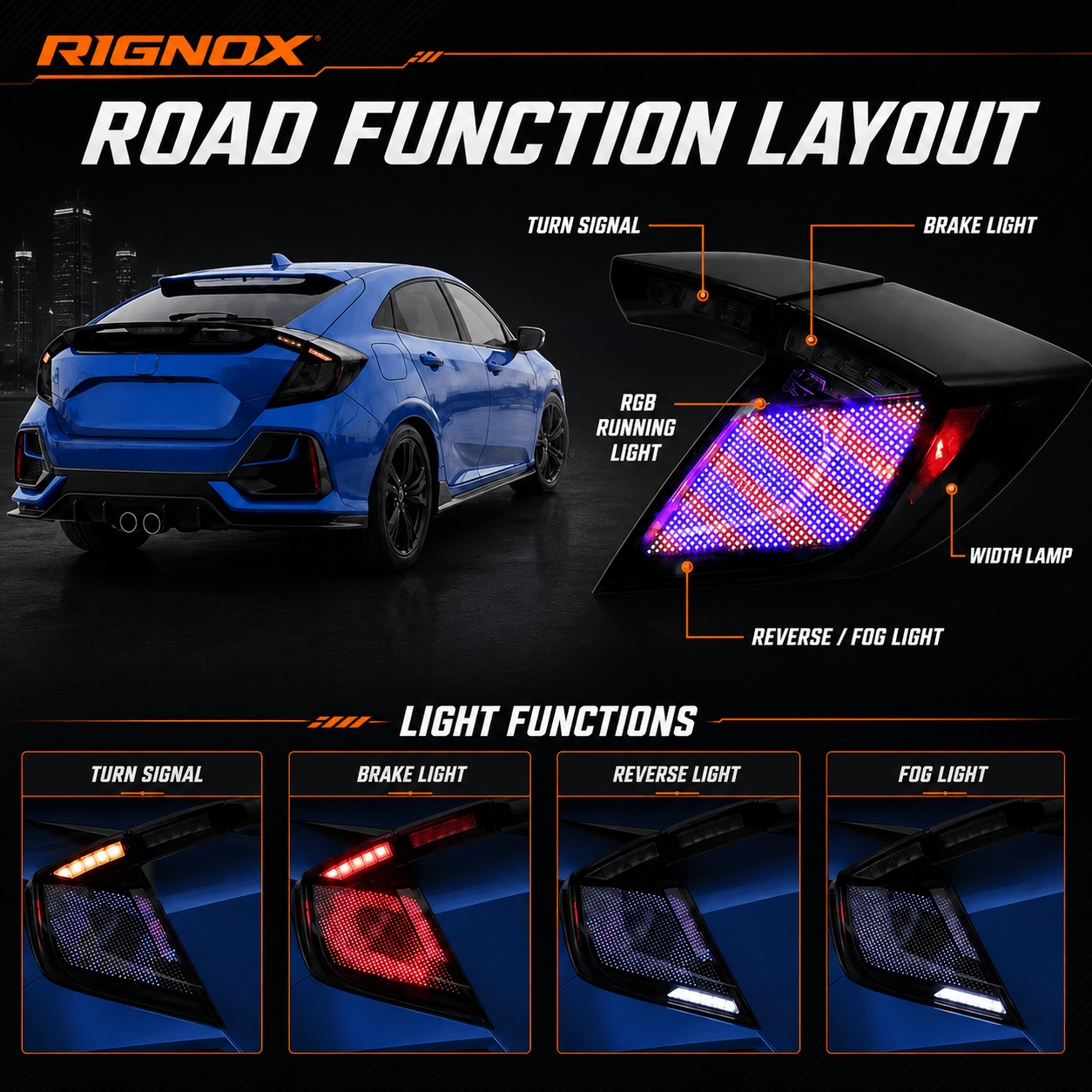 2016-2021 Honda Civic 10th Gen Hatchback LED Tail Lights | Smoke Red / RGB / Digital, Sequential-41