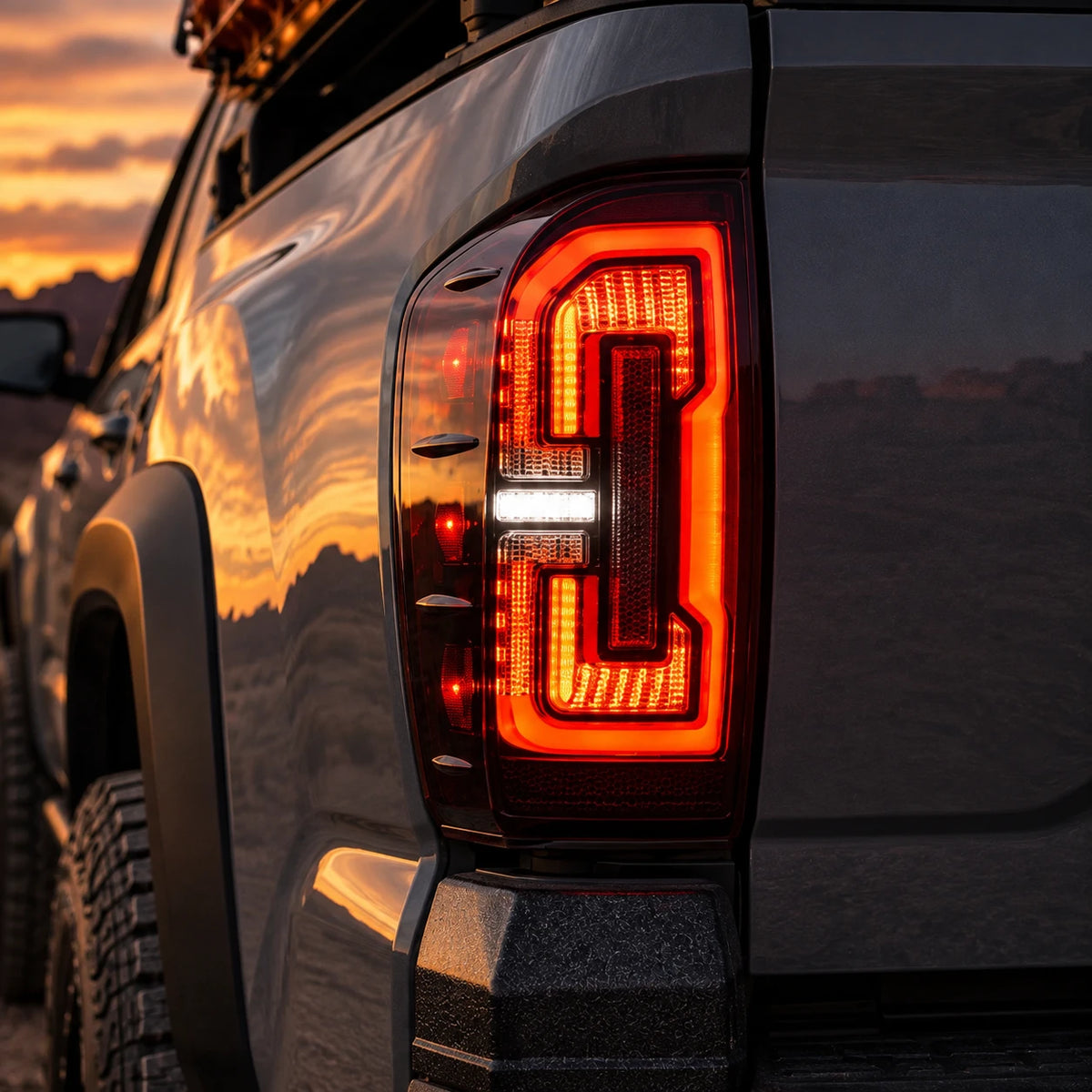 2016-2023 Toyota Tacoma 3rd Gen Sequential LED Tail Lights — rear three-quarter at dusk — T-TAC16