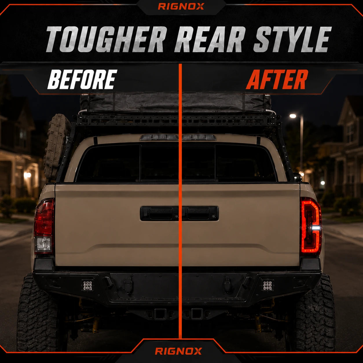 2016-2023 Toyota Tacoma 3rd Gen Sequential LED Tail Lights — before and after at night — T-TAC16