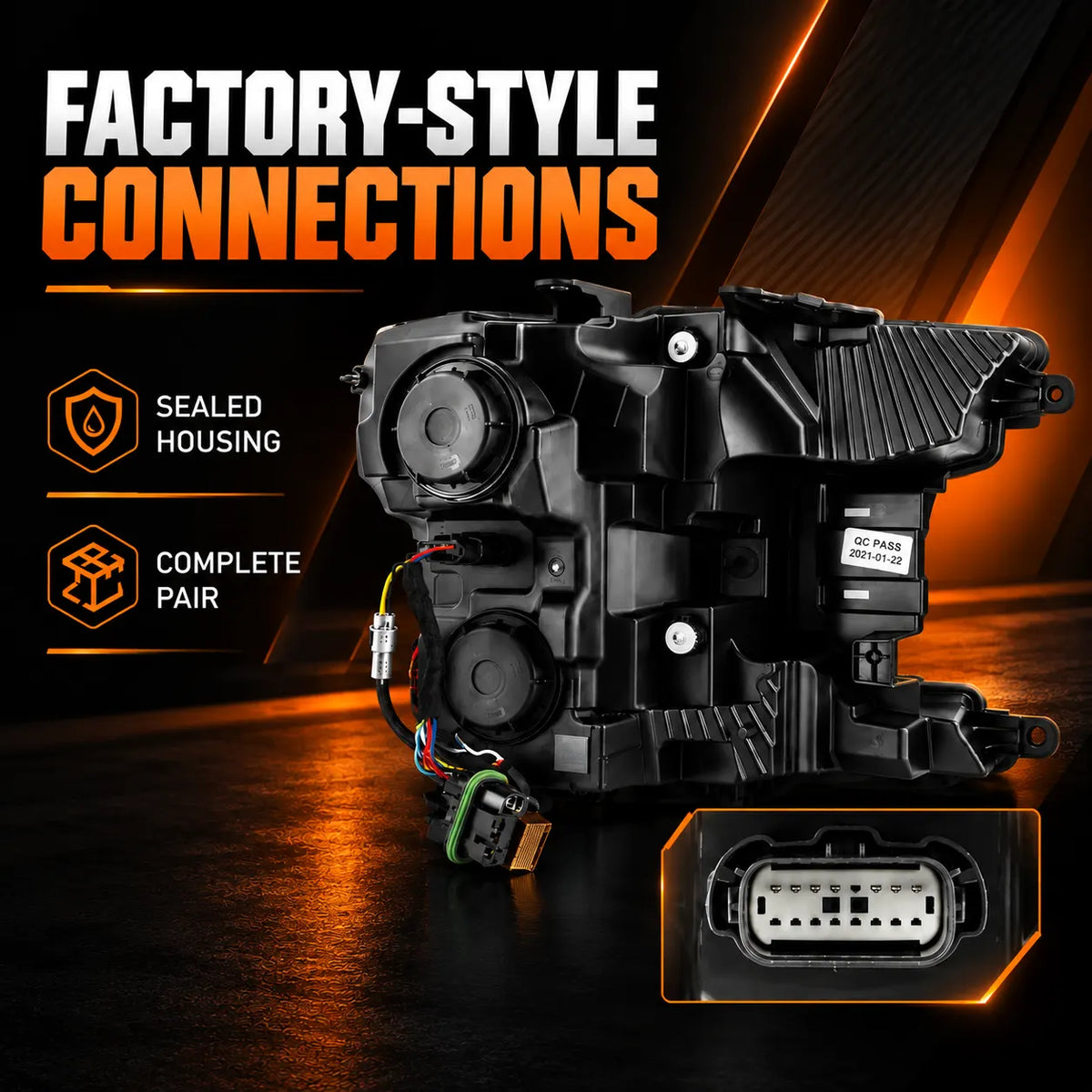 2018-2020 Ford F-150 LED Dual Projector Headlights — rear housing and plugs detail — H-F150-18