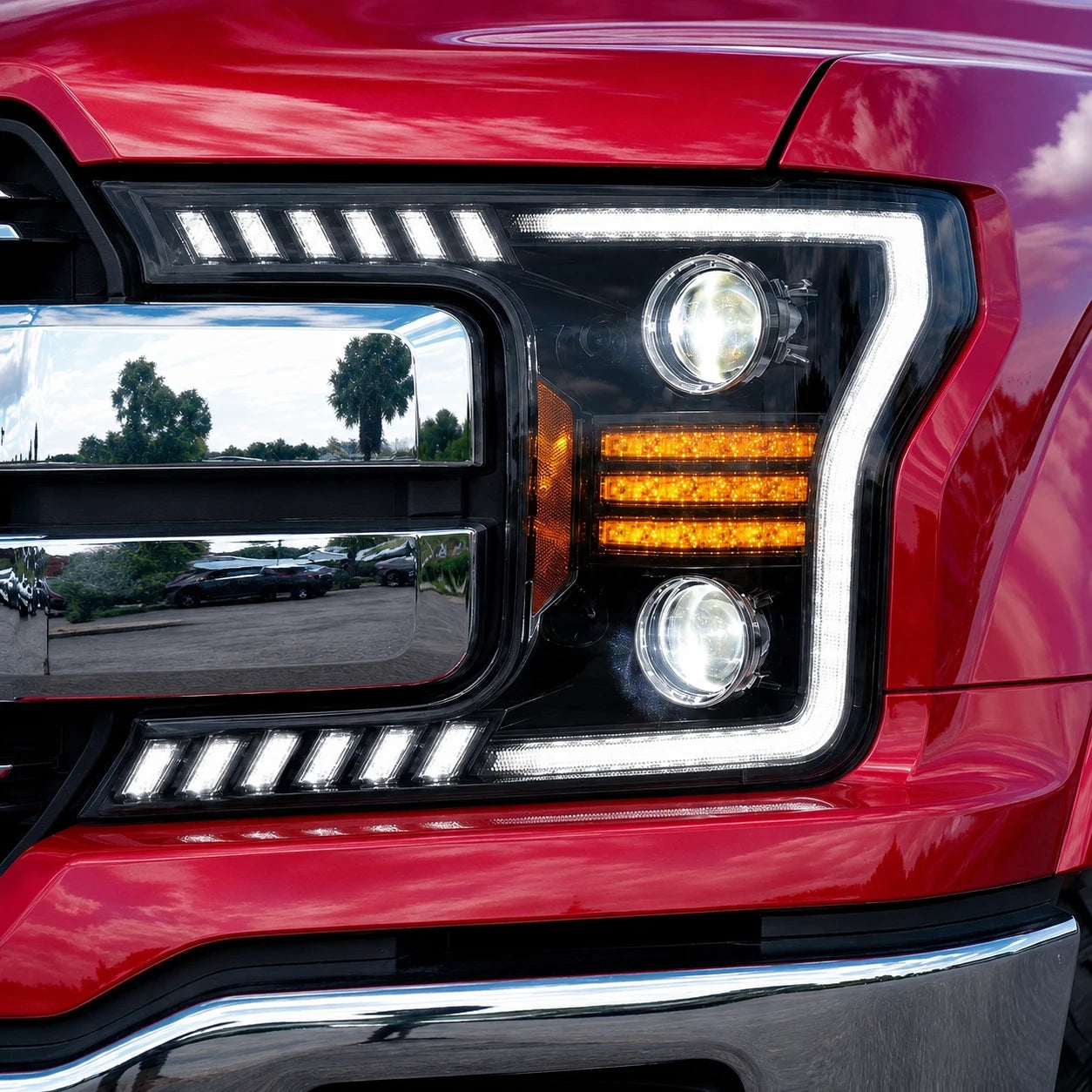 2018-2020 Ford F-150 LED Dual Projector Headlights — lights-on close-up — H-F150-18