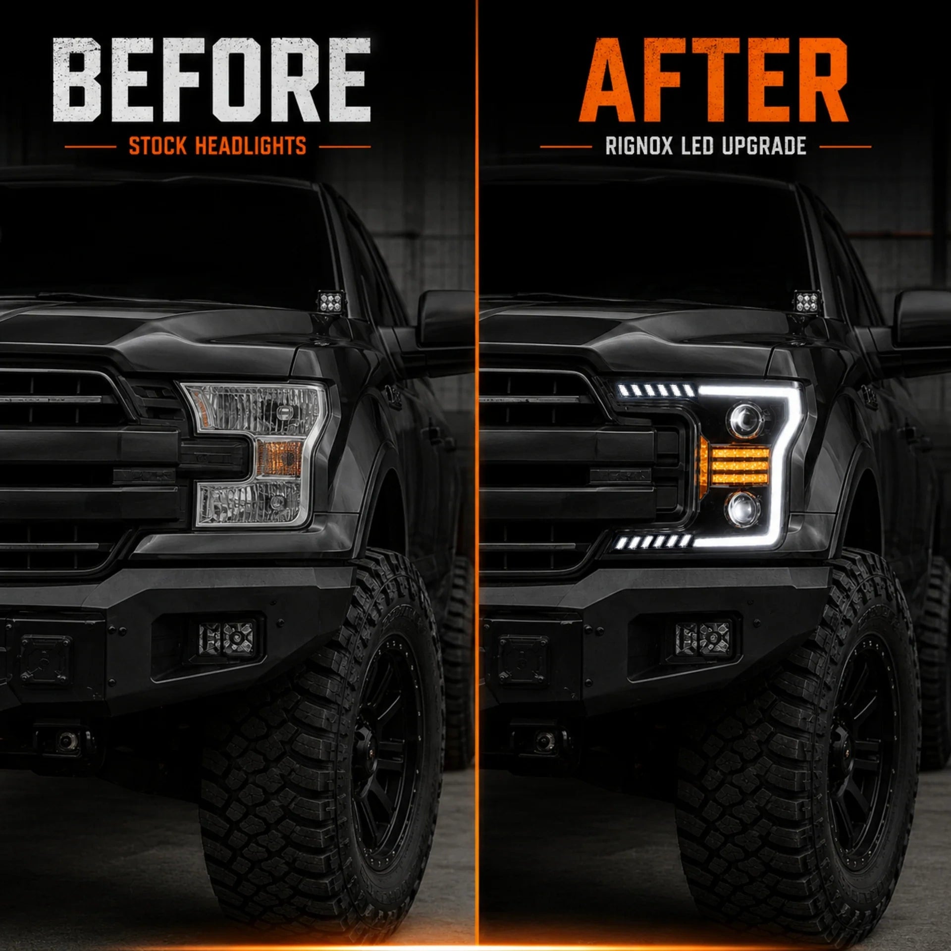 2018-2020 Ford F-150 LED Dual Projector Headlights — before and after — H-F150-18