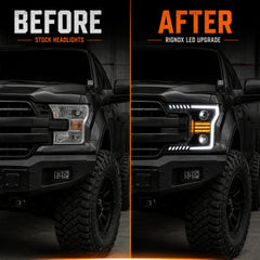 2018-2020 Ford F-150 LED Dual Projector Headlights — before and after — H-F150-18