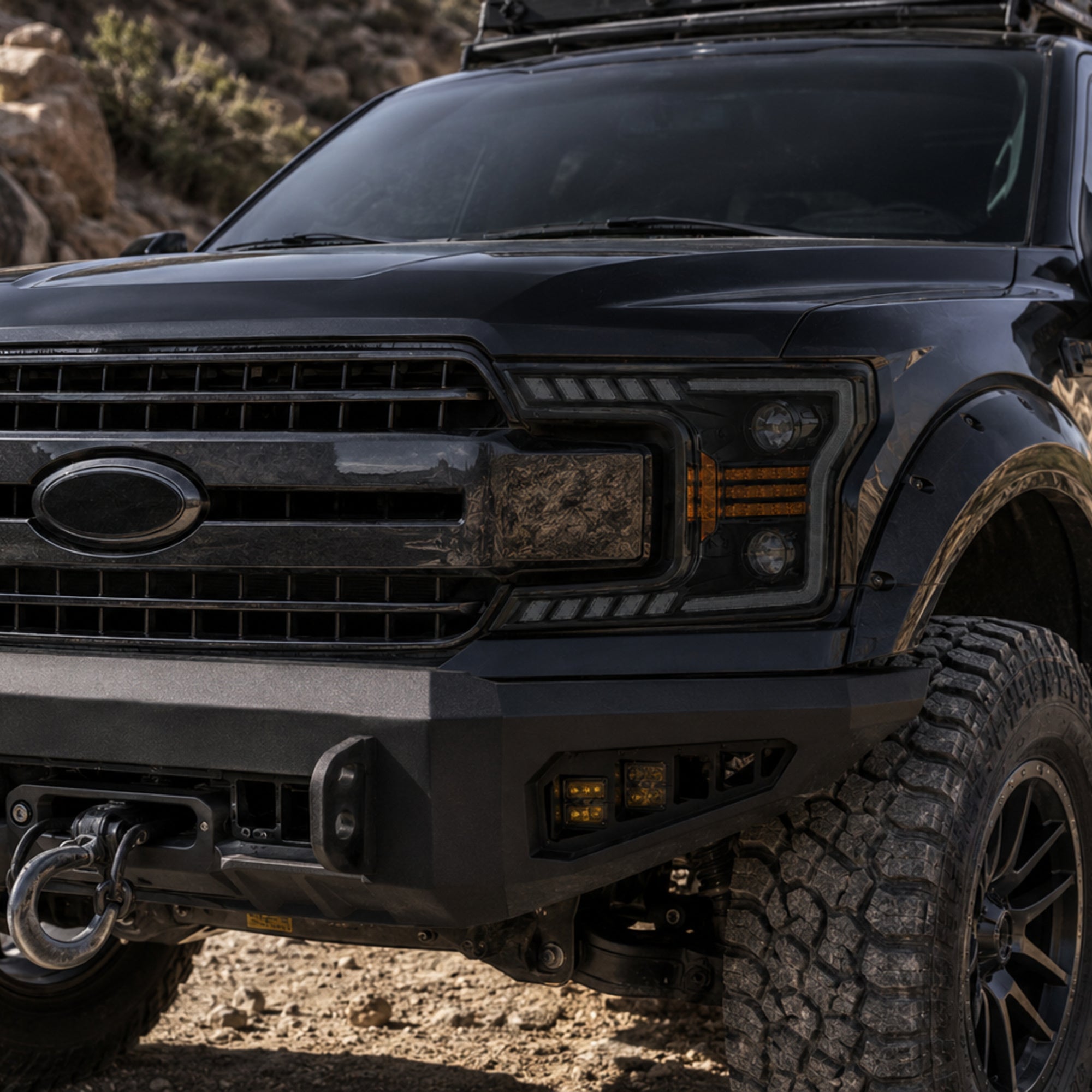 2018-2020 Ford F-150 LED Dual Projector Headlights — black housing ledprojector c shaped DRL daytime unlit outdoor — H-F150-18