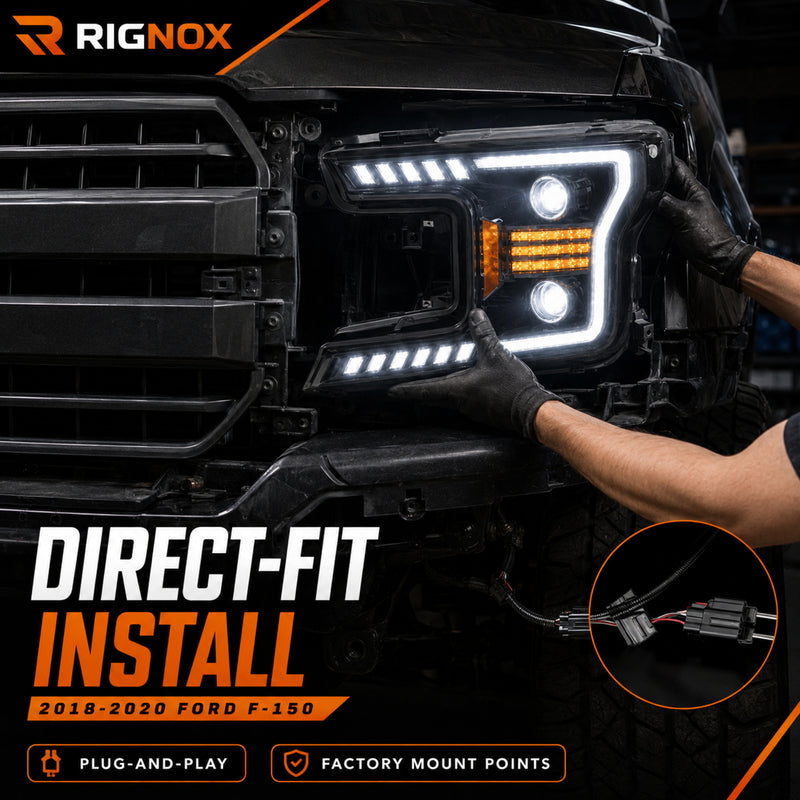2018-2020 Ford F-150 LED Dual Projector Headlights — black housing ledprojector c shaped DRL direct fit install — H-F150-18