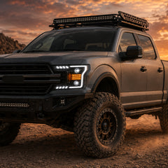 2018-2020 Ford F-150 LED Dual Projector Headlights — black housing ledprojector c shaped DRL front45 amber DRL — H-F150-18