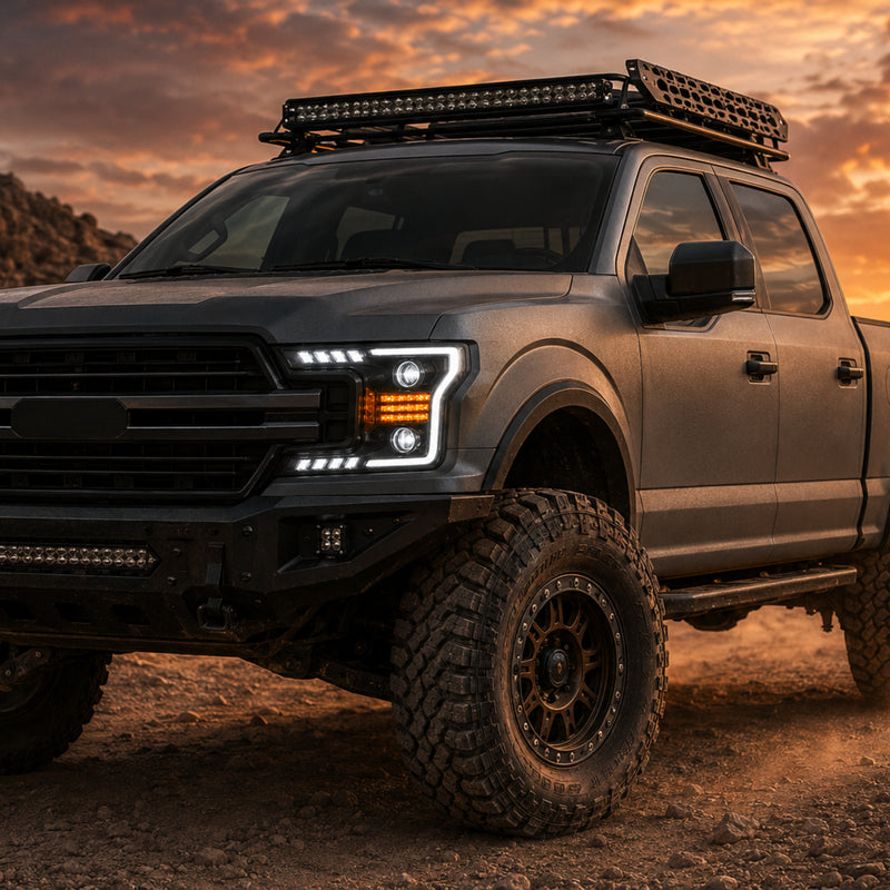 2018-2020 Ford F-150 LED Dual Projector Headlights — black housing ledprojector c shaped DRL front45 amber DRL — H-F150-18