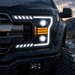 2018-2020 Ford F-150 LED Dual Projector Headlights — black housing ledprojector c shaped DRL headlight closeup white DRL — H-F150-18