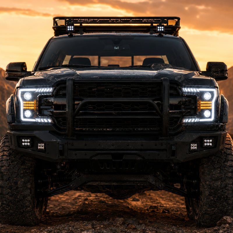 2018-2020 Ford F-150 LED Dual Projector Headlights — black housing ledprojector c shaped DRL installed front dusk — H-F150-18