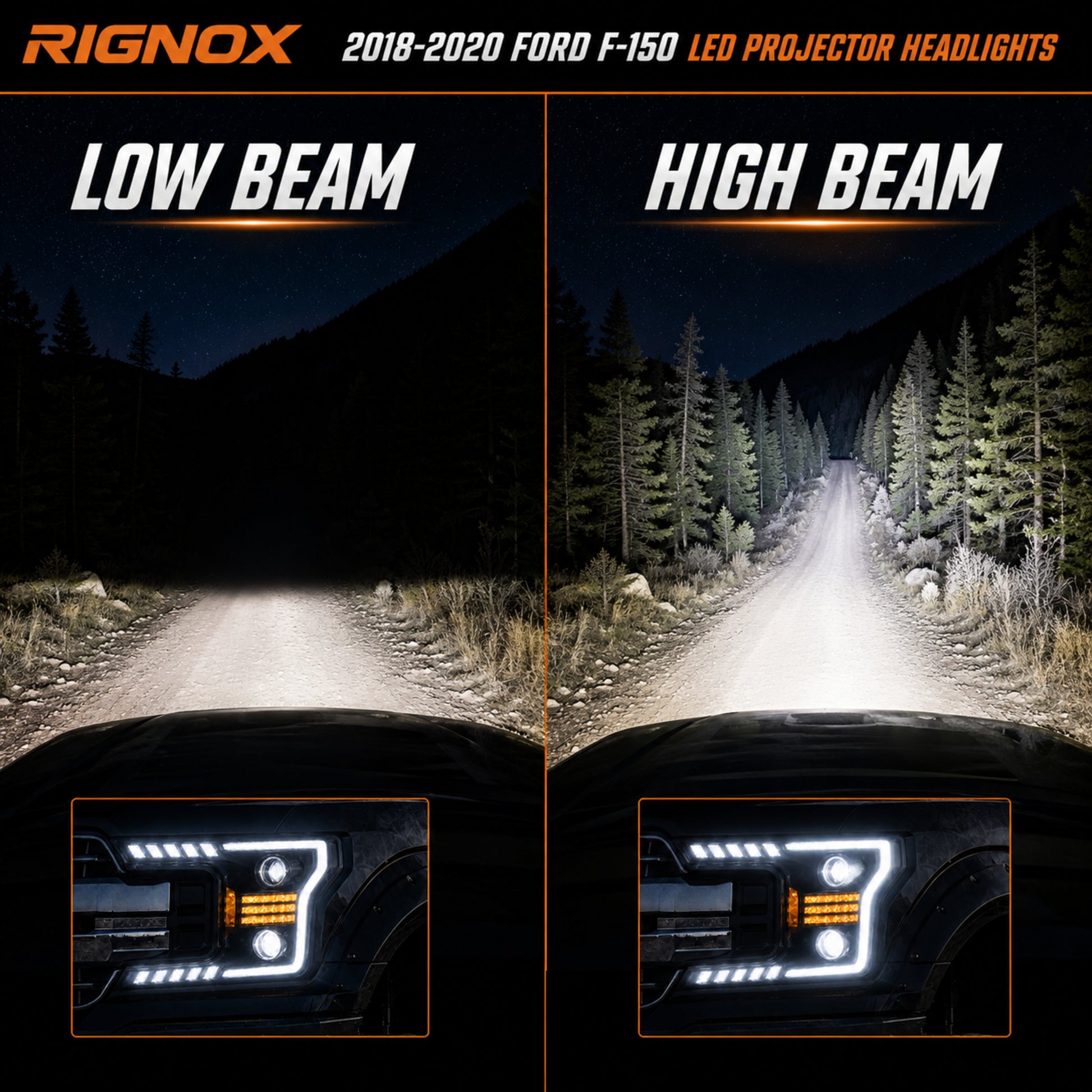 2018-2020 Ford F-150 LED Dual Projector Headlights — black housing ledprojector c shaped DRL low beam high beam — H-F150-18